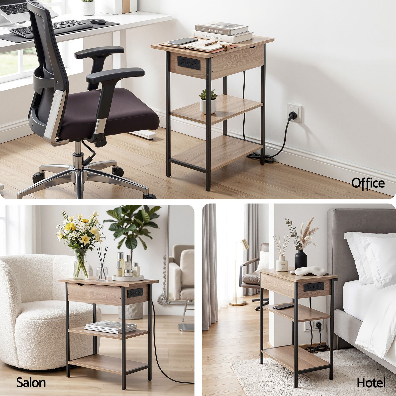 Artiss Side Table with Charging Station – 60cm Flip‑Top Storage 3‑Tier Wood