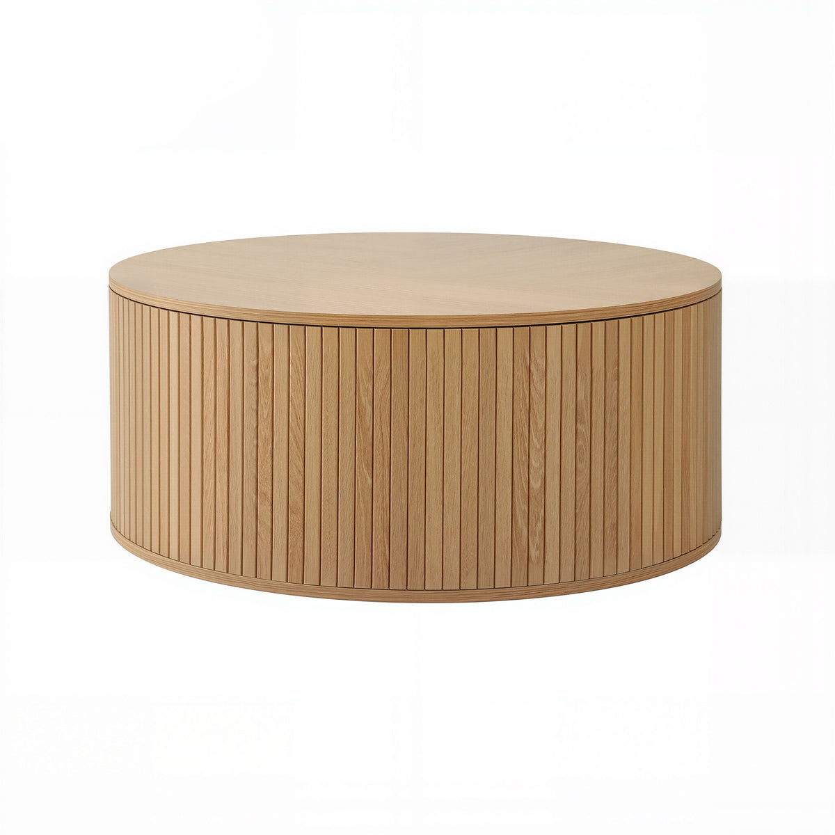 Round Coffee Table Storage Fluted Center Table Living Room Office 80cm Wood