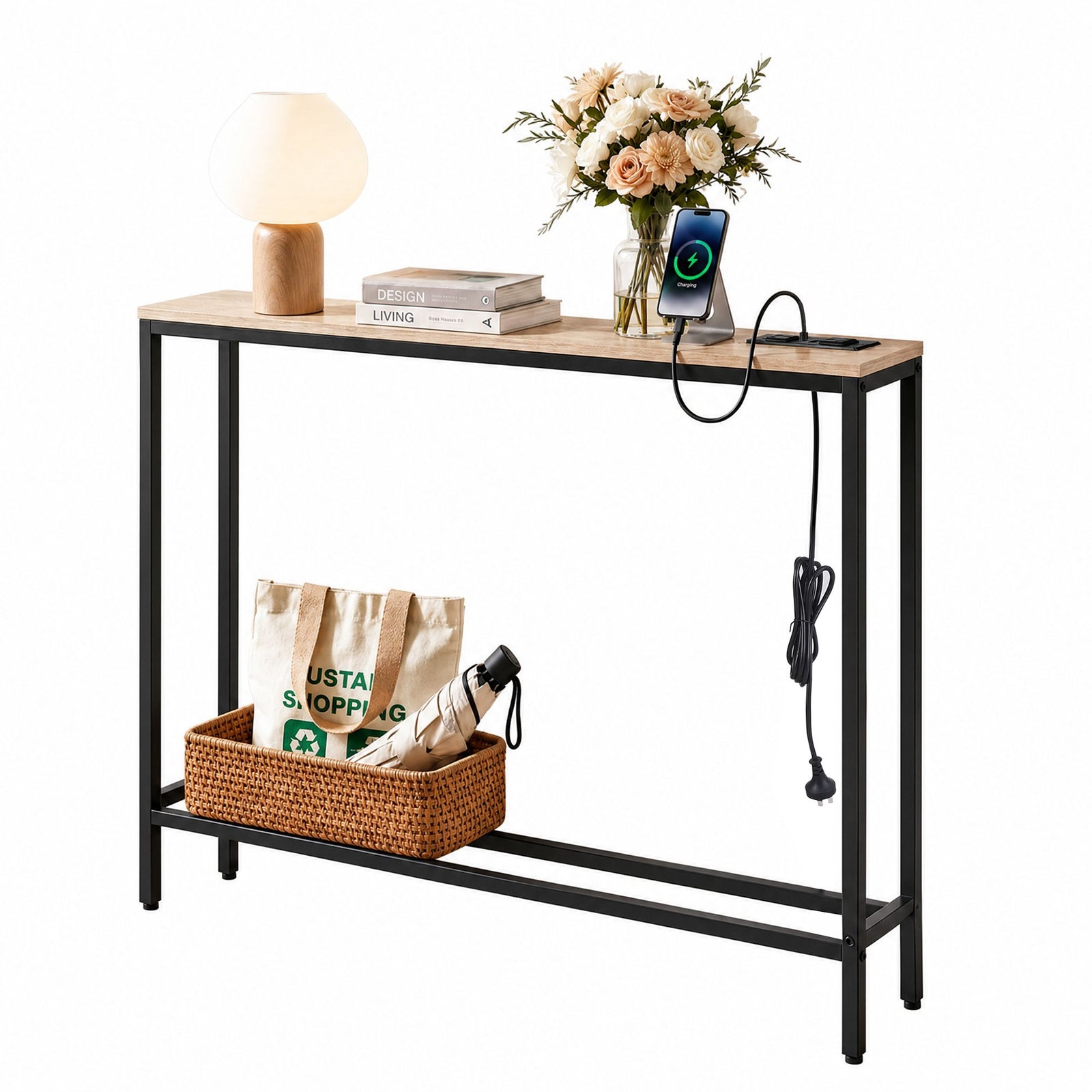 Narrow Console Table – 100cm Entryway Desk w/ Charging Station, Wood/Black