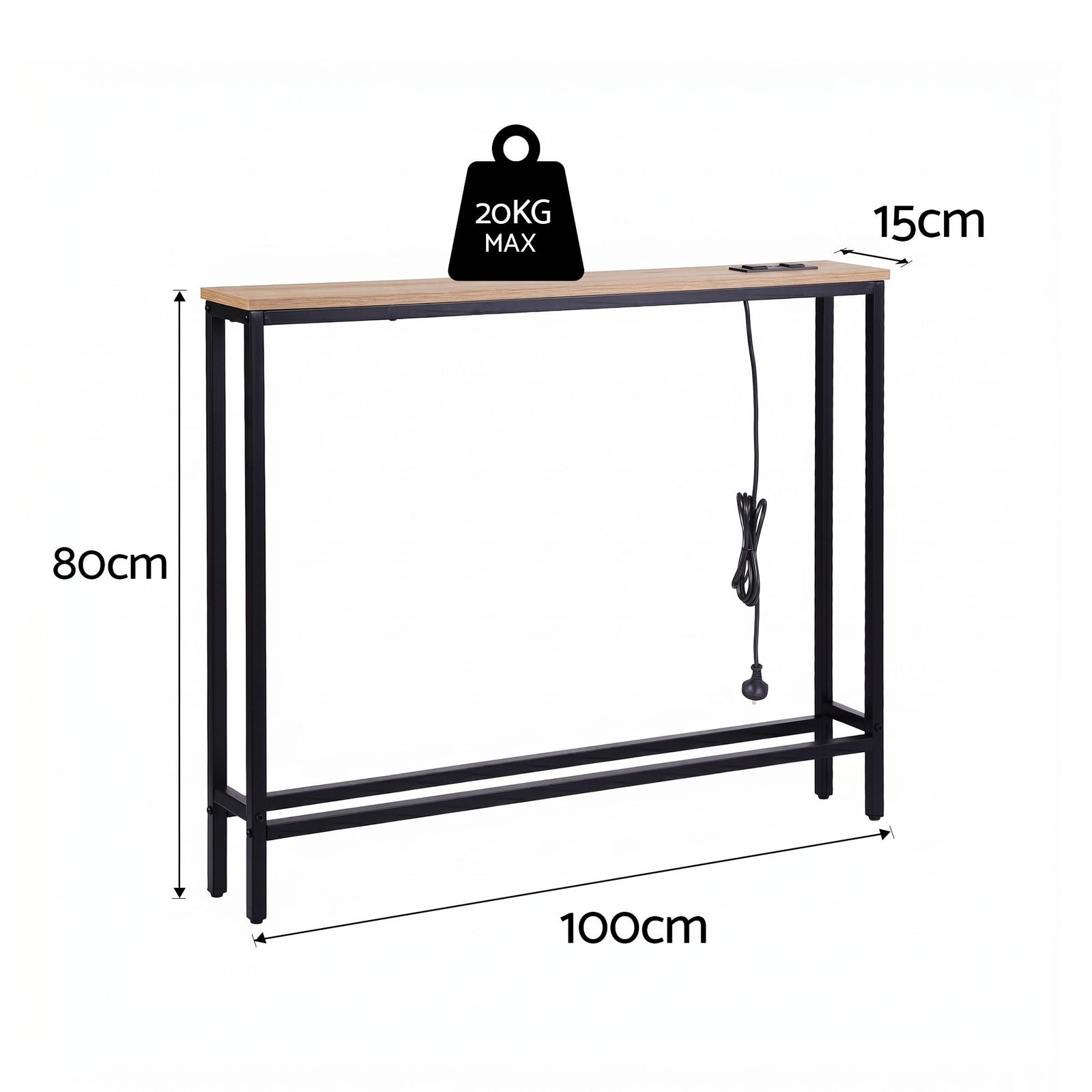 Narrow Console Table – 100cm Entryway Desk w/ Charging Station, Wood/Black