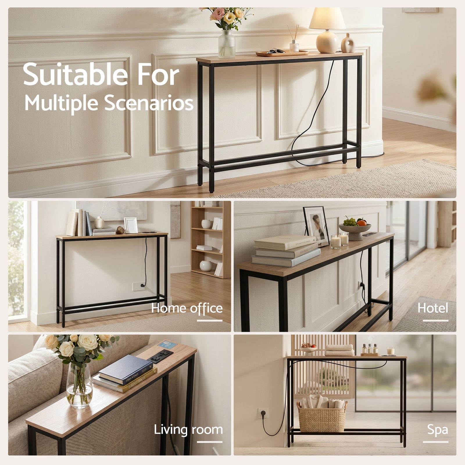 Narrow Console Table – 100cm Entryway Desk w/ Charging Station, Wood/Black