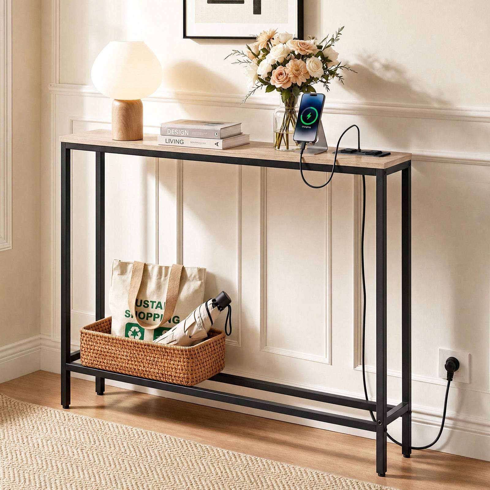 Narrow Console Table – 100cm Entryway Desk w/ Charging Station, Wood/Black