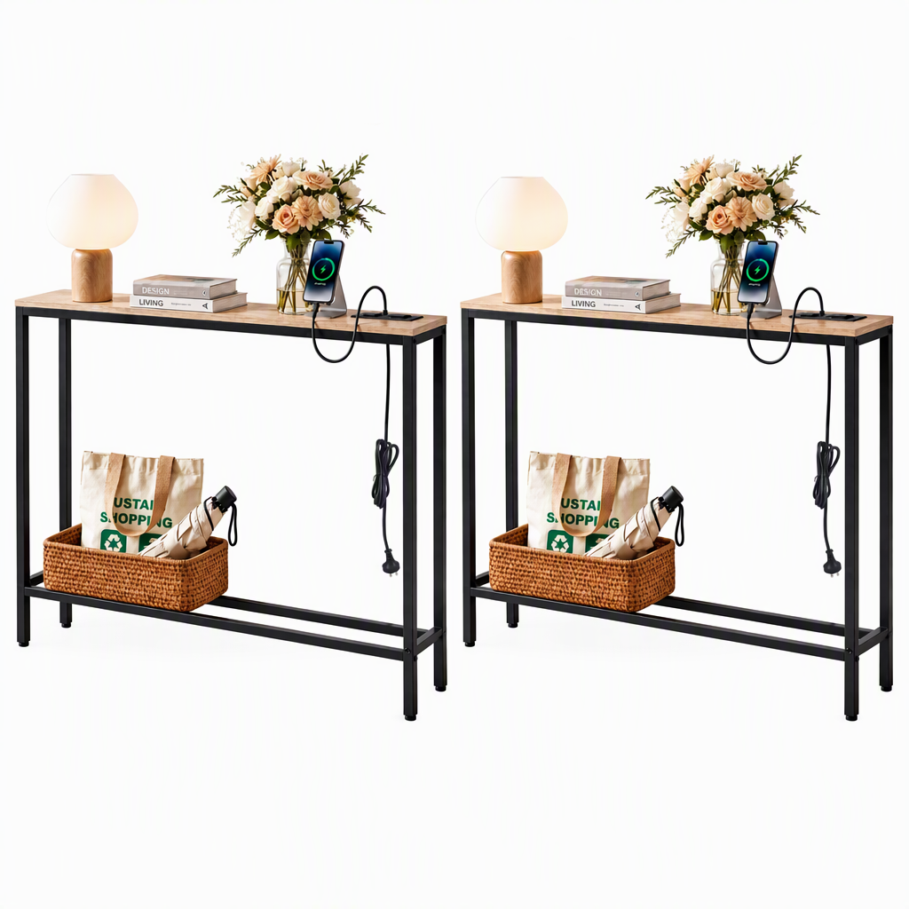Artiss Set of 2 Narrow Sofa Console Tables with Charging Station, Wood