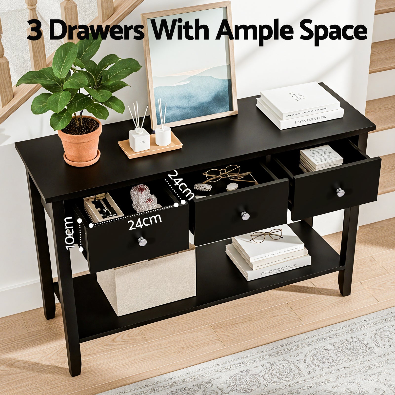 Console Table Hallway Sofa Entryway Entrance 3 Drawers 100CM Black