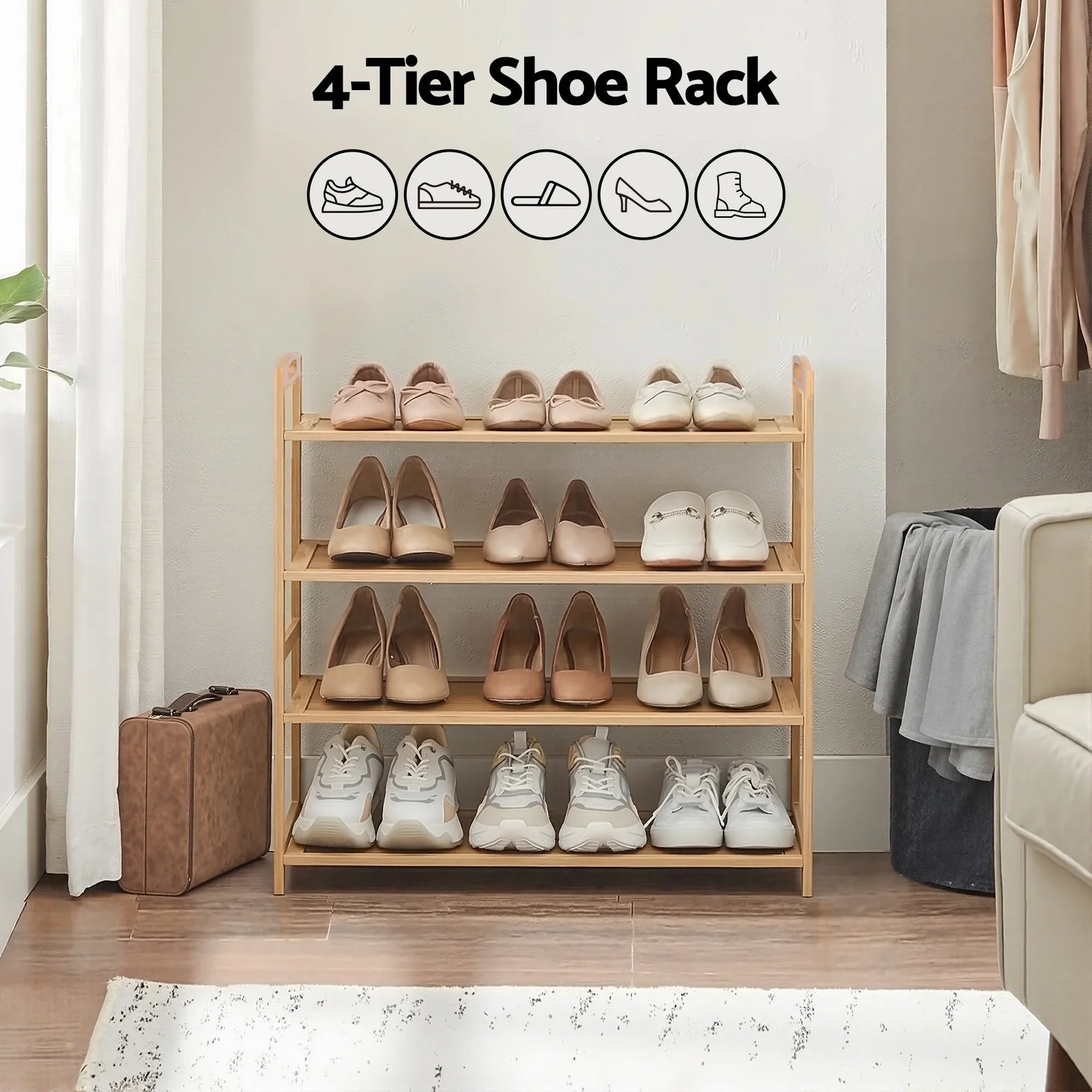 4 Tier Shoe Rack Bamboo Storage Organiser Pine