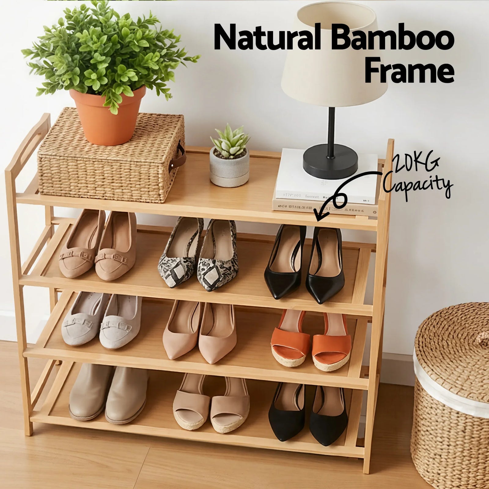 4 Tier Shoe Rack Bamboo Storage Organiser Pine
