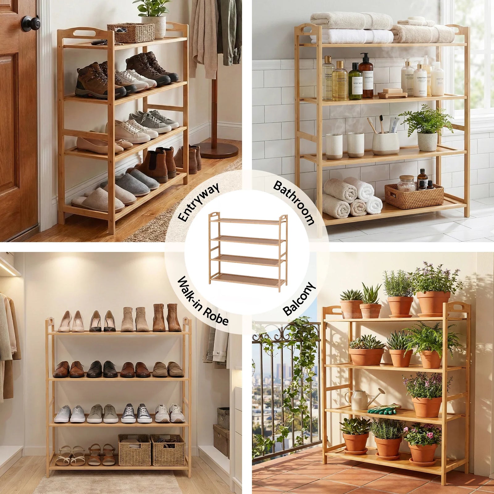 4 Tier Shoe Rack Bamboo Storage Organiser Pine