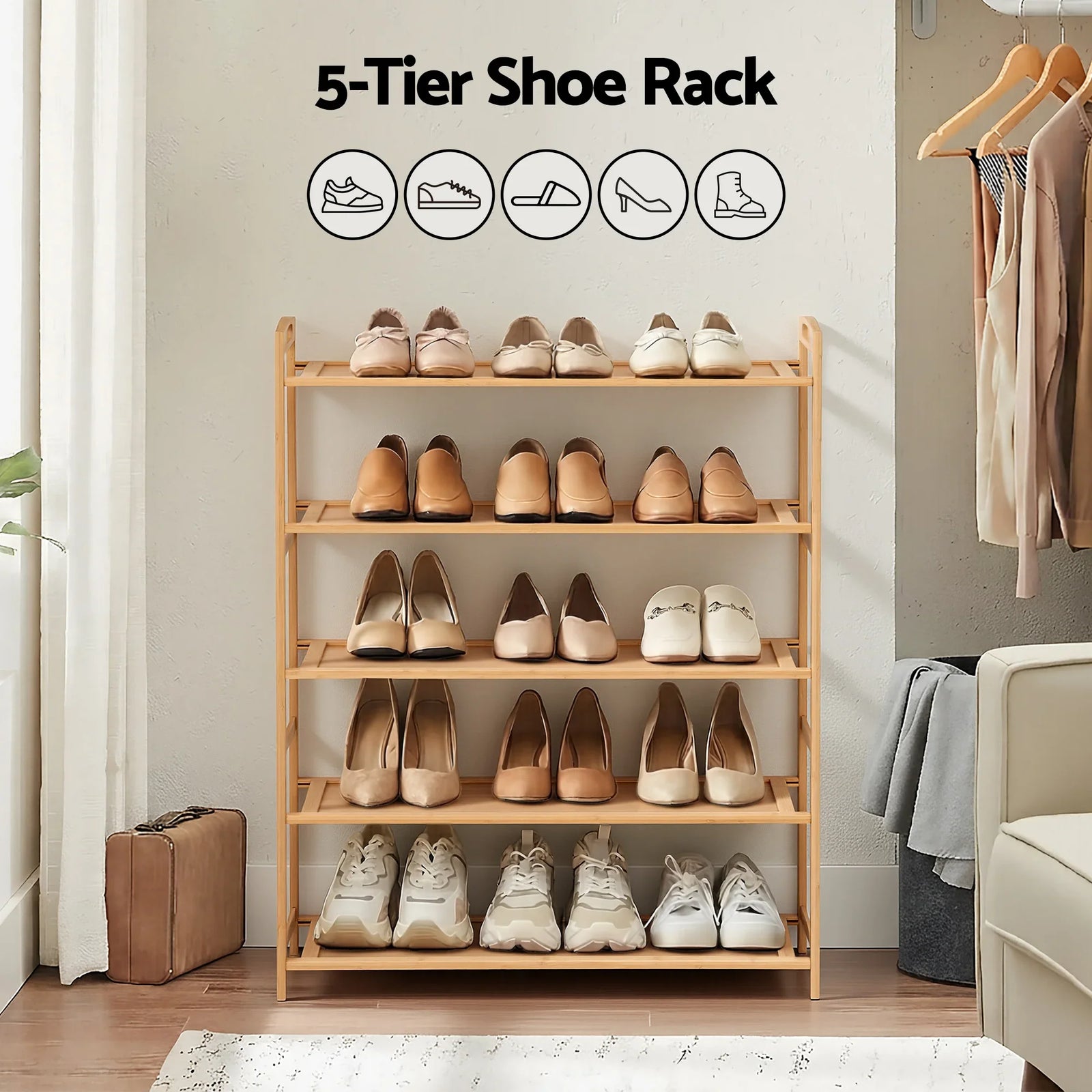 5 Tier Shoe Rack Bamboo Storage Organiser Pine