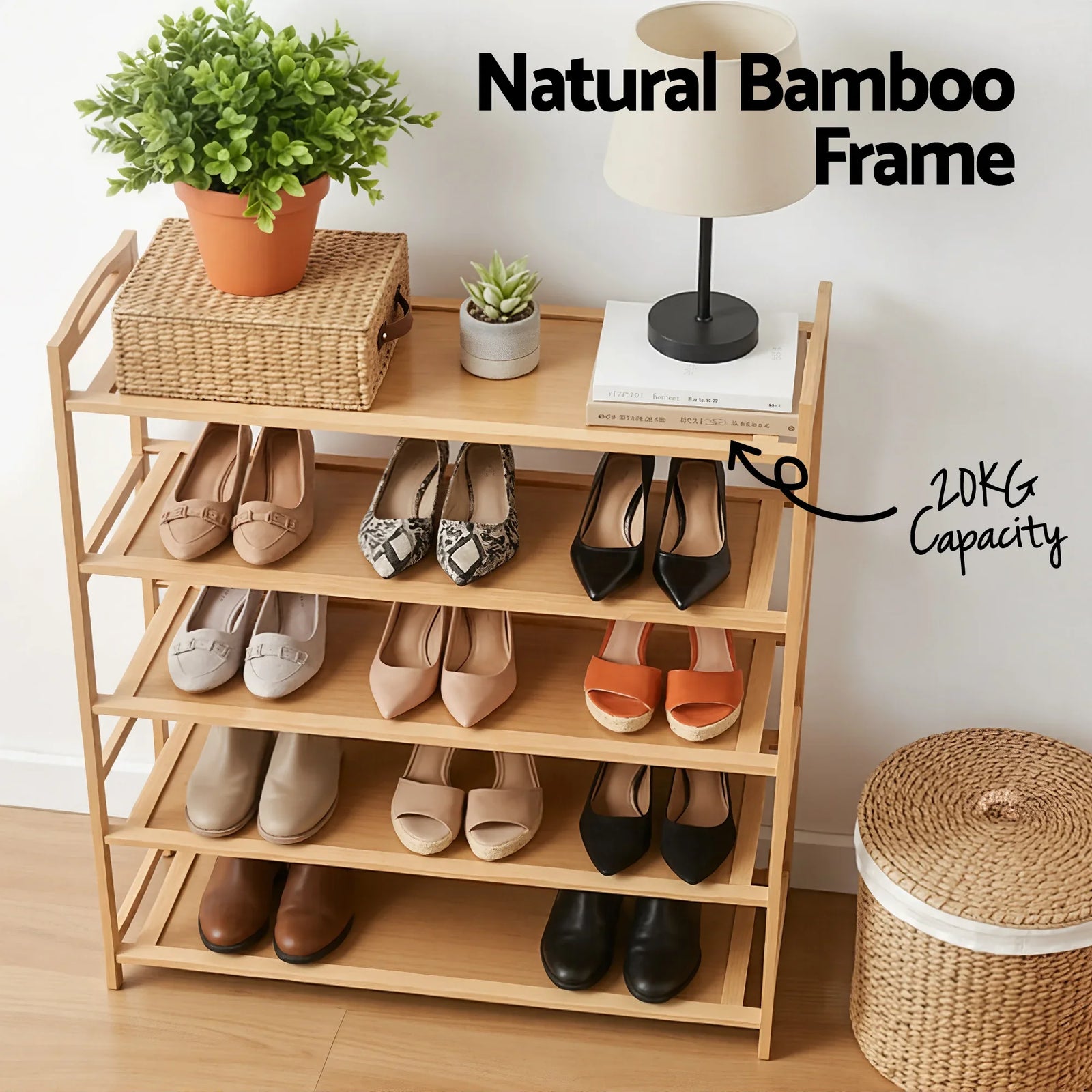 5 Tier Shoe Rack Bamboo Storage Organiser Pine