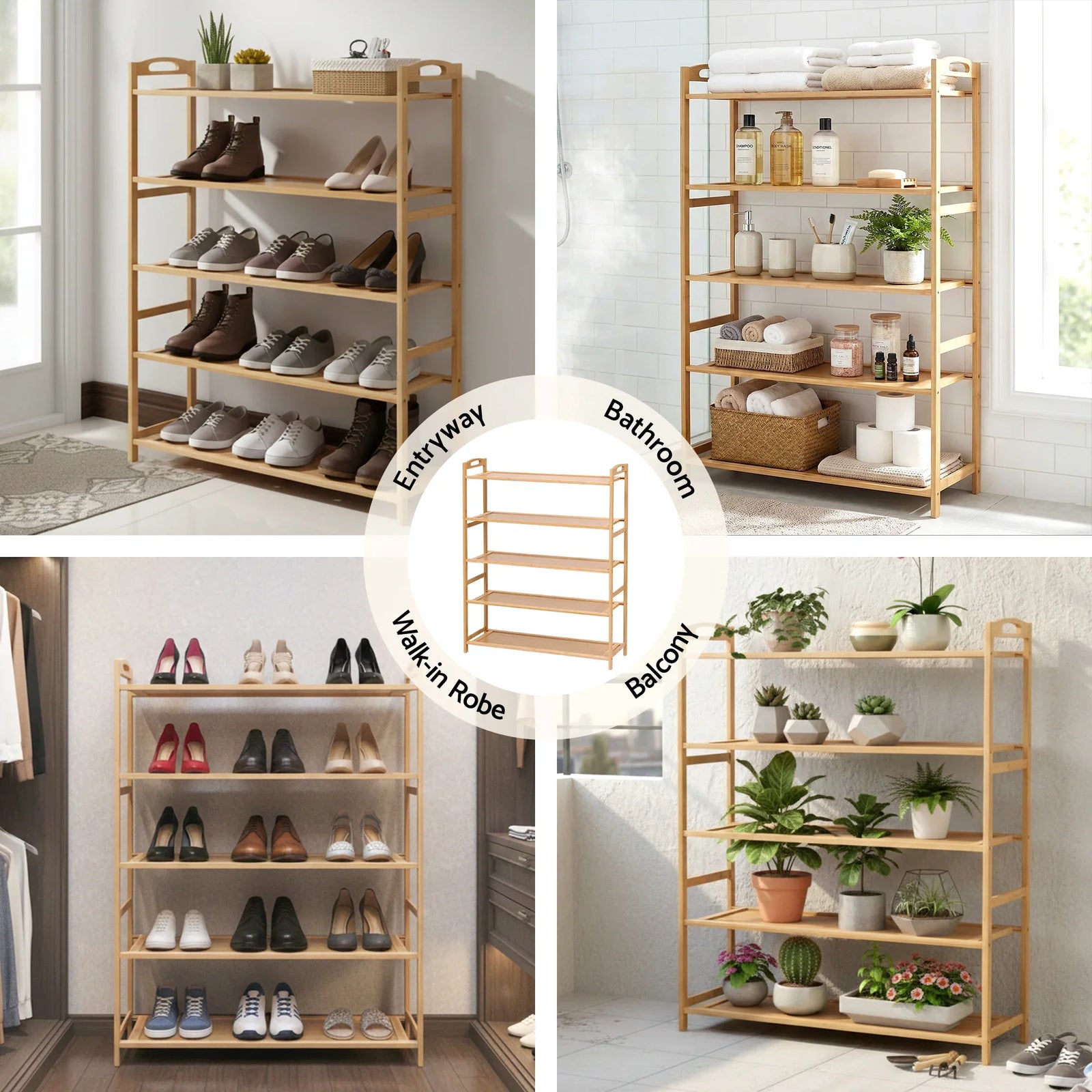 5 Tier Shoe Rack Bamboo Storage Organiser Pine