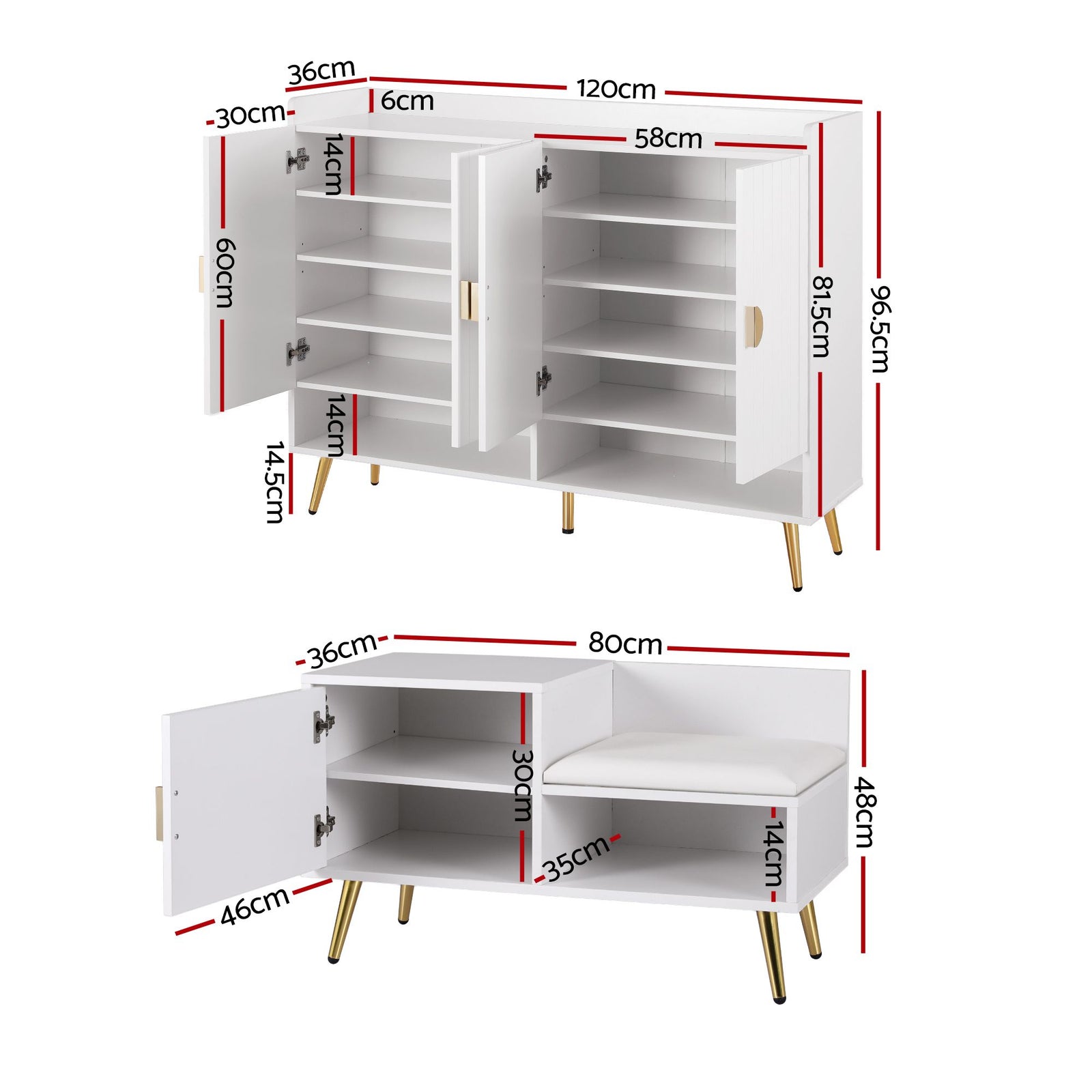 Artiss Shoe Cabinet & Bench Set White – Adjustable Shelves, Gold Feet, 120cm