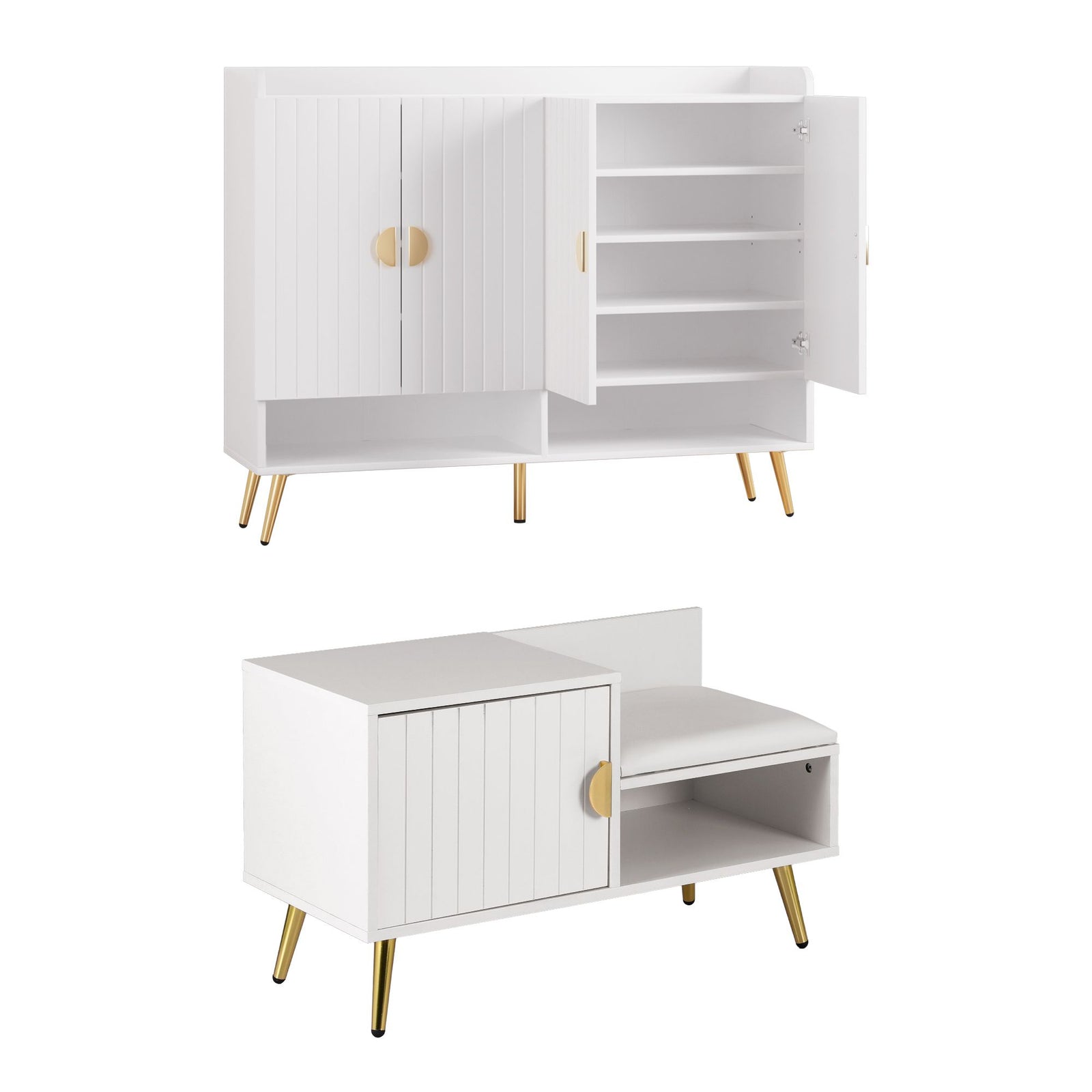 Artiss Shoe Cabinet & Bench Set White – Adjustable Shelves, Gold Feet, 120cm