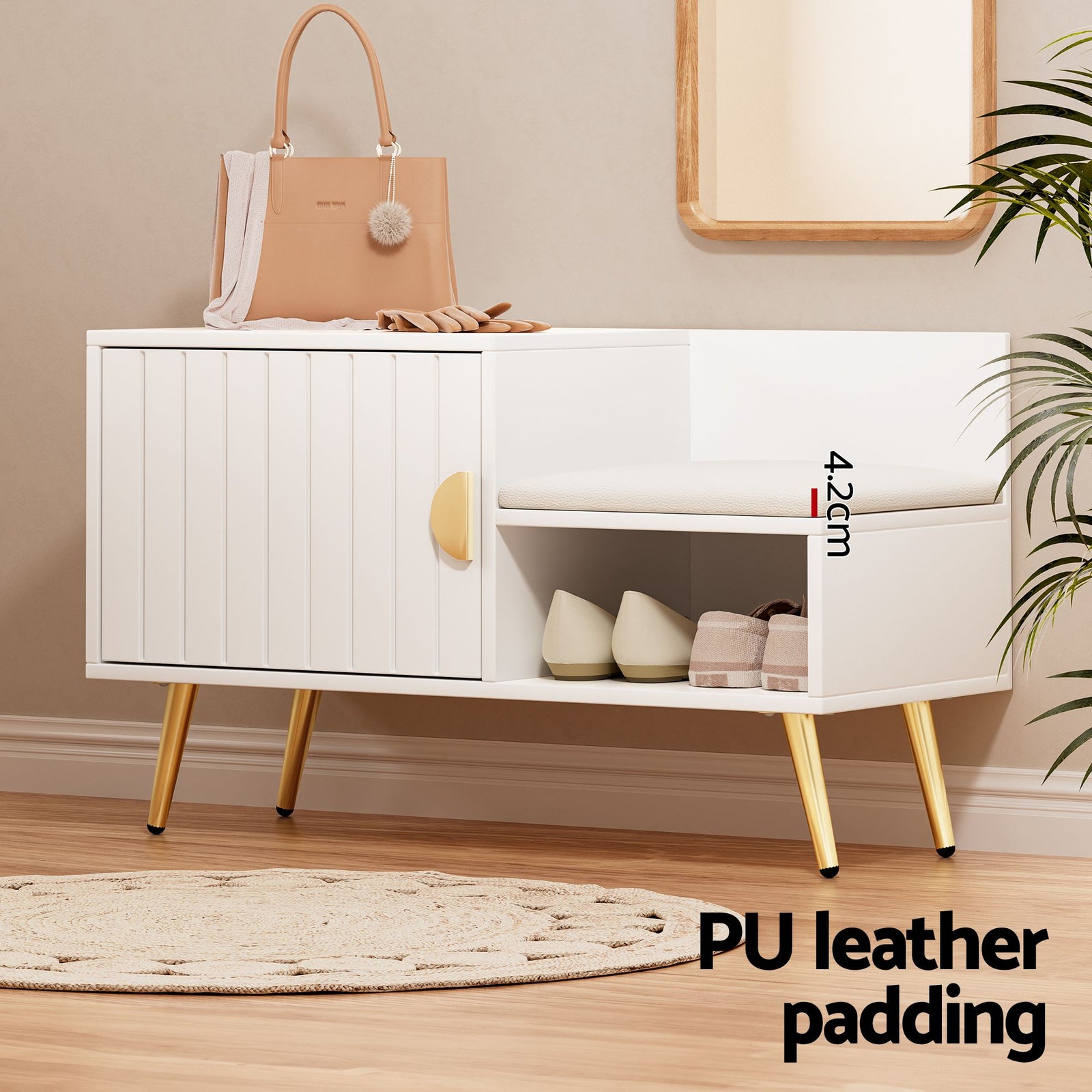 Artiss Shoe Cabinet & Bench Set White – Adjustable Shelves, Gold Feet, 120cm