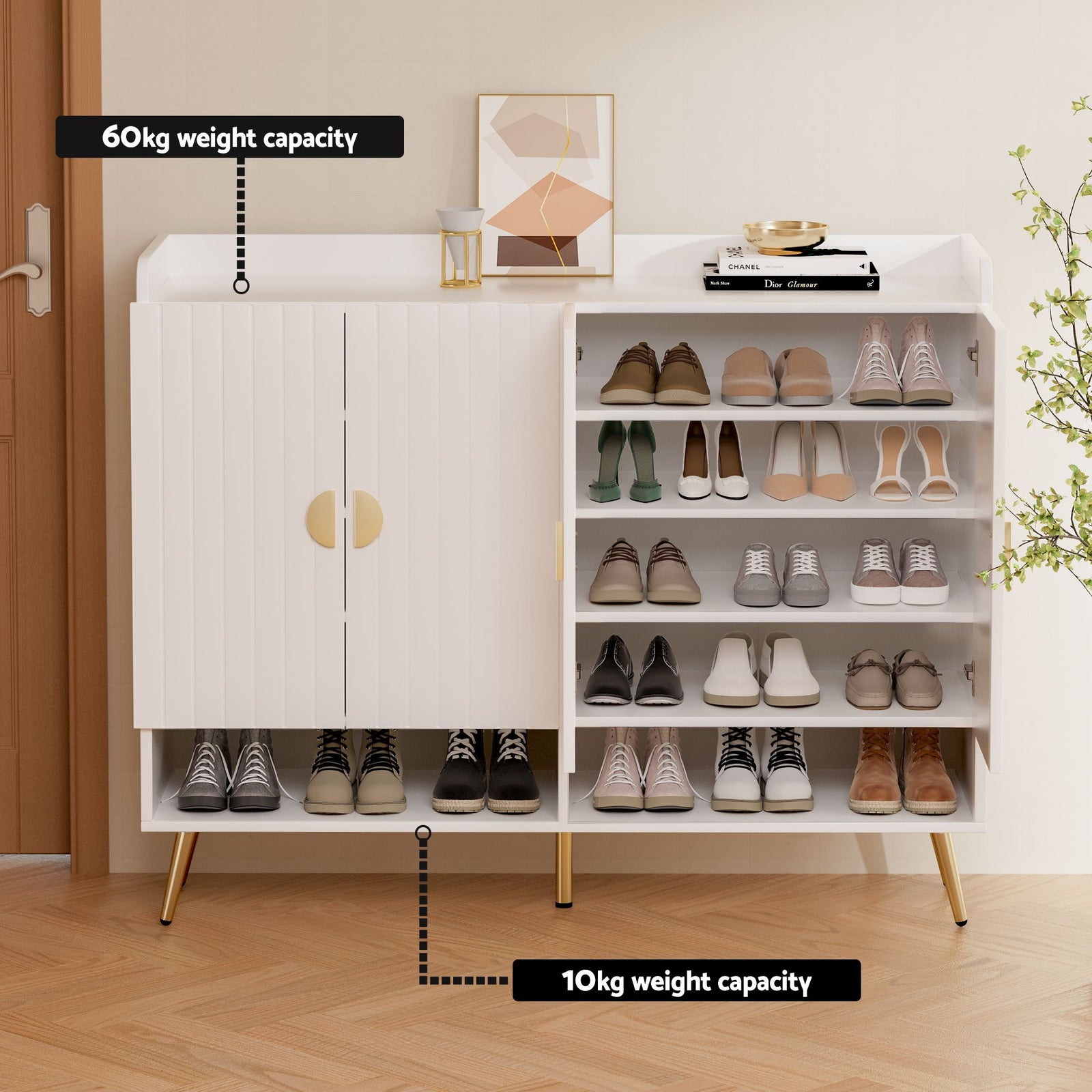 Artiss Shoe Cabinet & Bench Set White – Adjustable Shelves, Gold Feet, 120cm