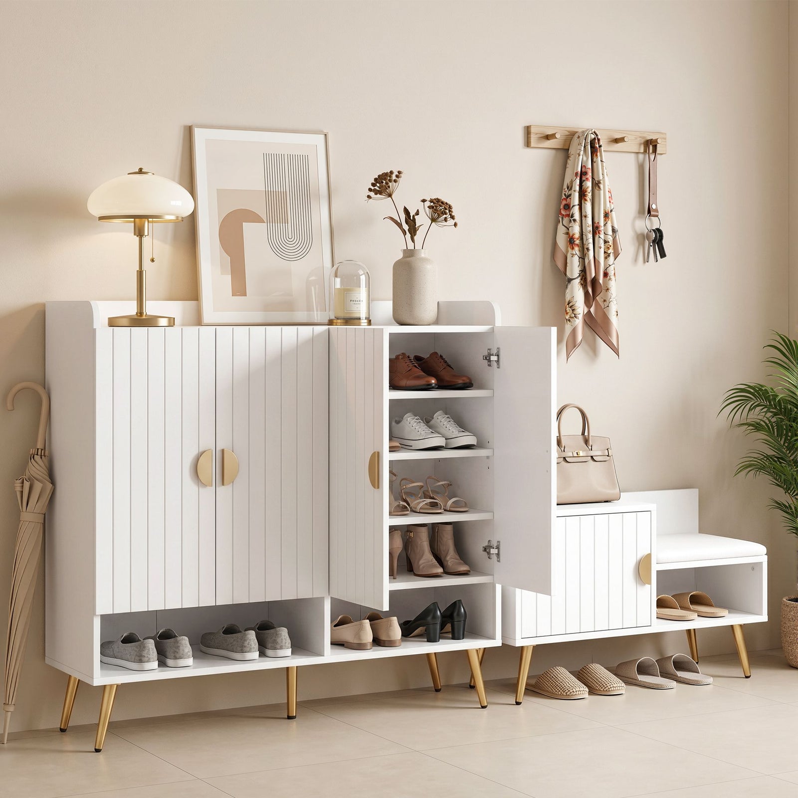 Artiss Shoe Cabinet & Bench Set White – Adjustable Shelves, Gold Feet, 120cm
