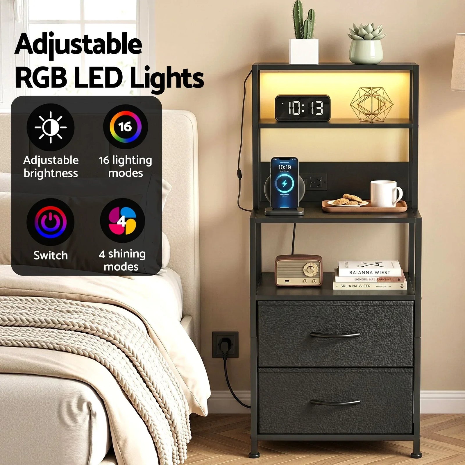 Artiss LED Bedside Table with Charging Station – 2 Drawers, RGB Light, Black