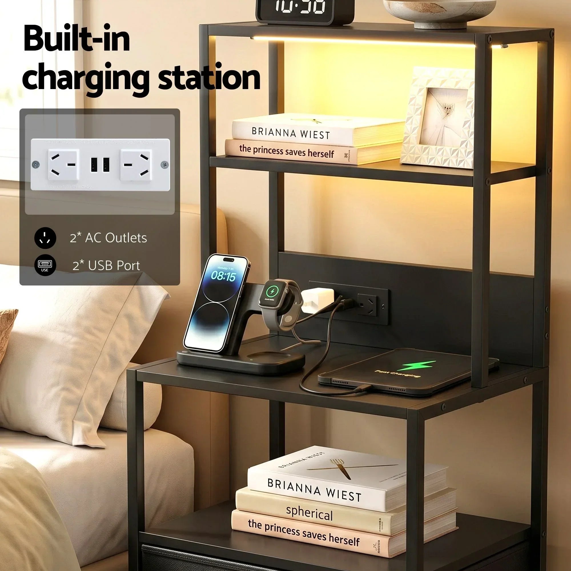 LED Bedside Table with Charging Station – 2 Drawers, RGB Light, Black
