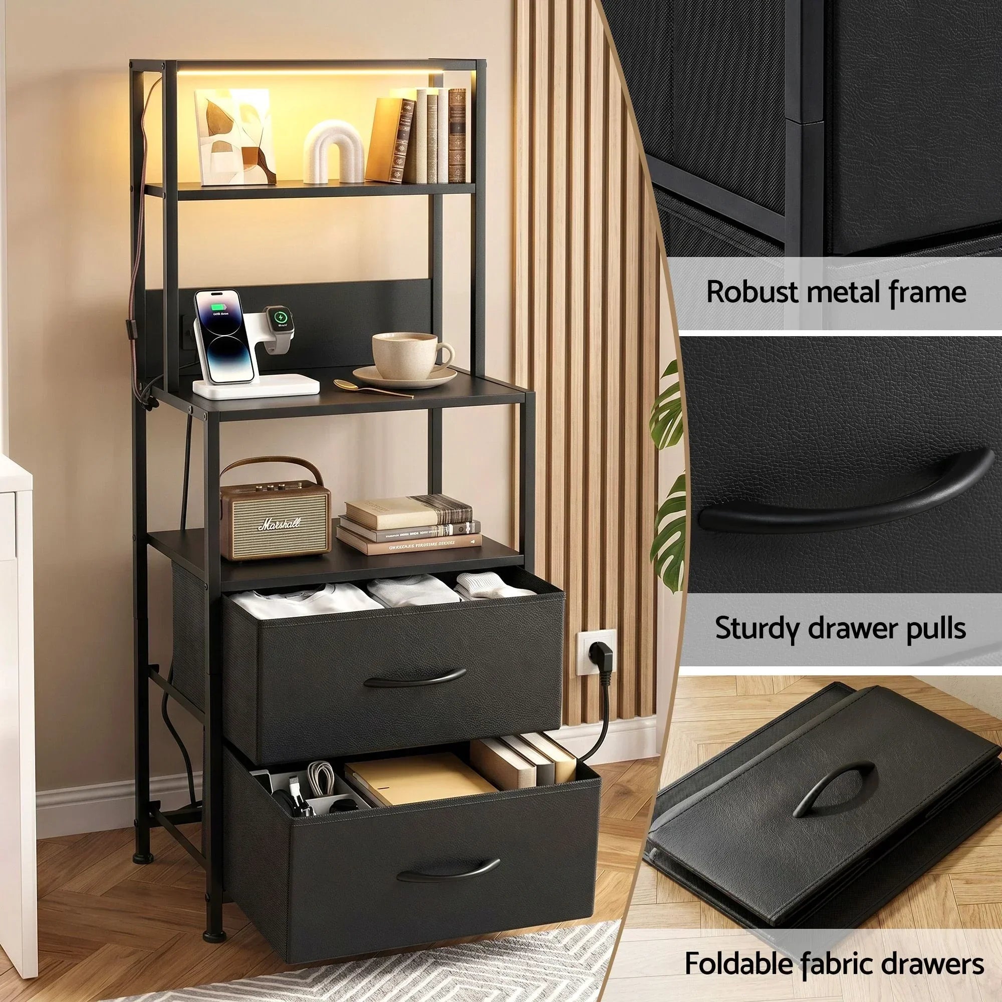 LED Bedside Table with Charging Station – 2 Drawers, RGB Light, Black