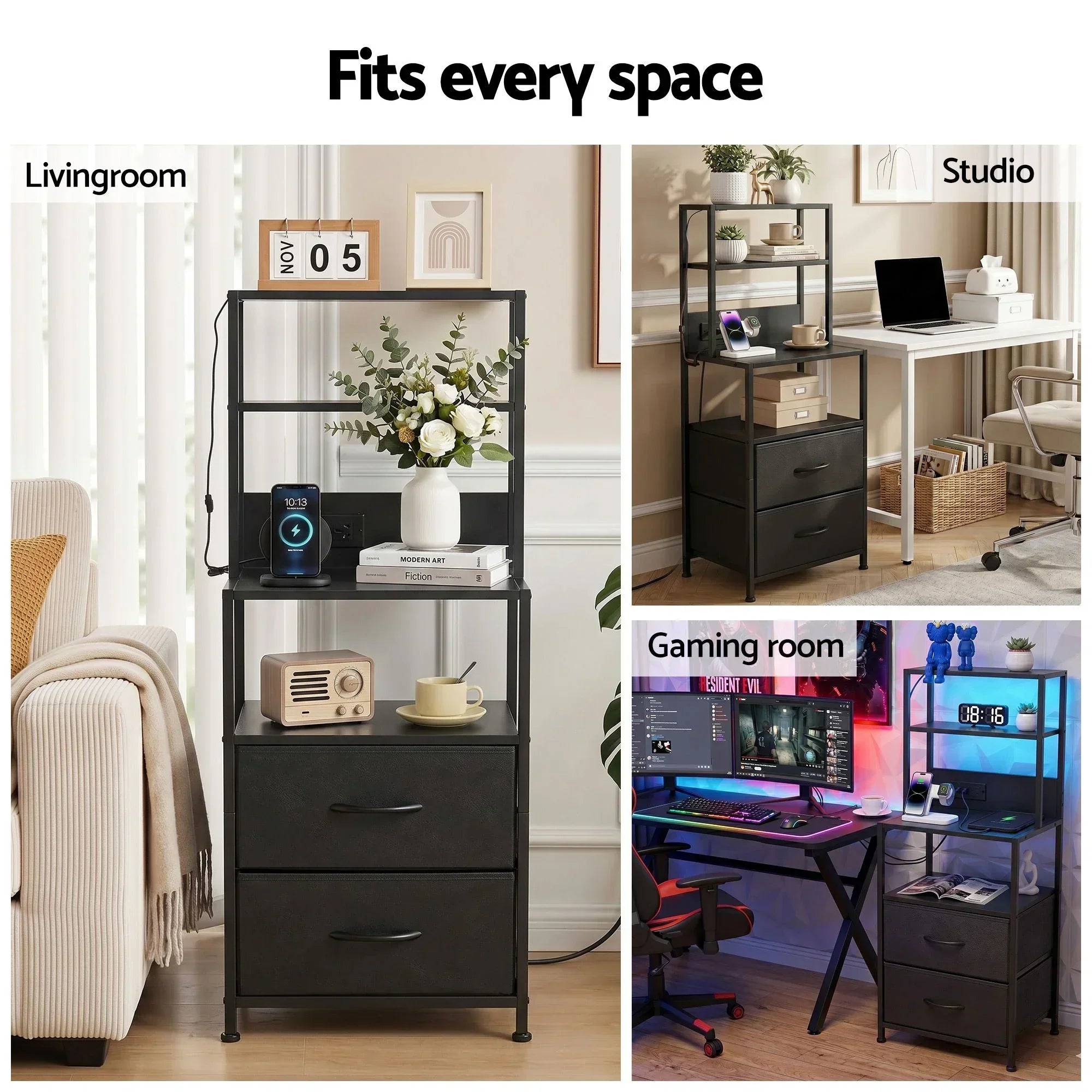 LED Bedside Table with Charging Station – 2 Drawers, RGB Light, Black