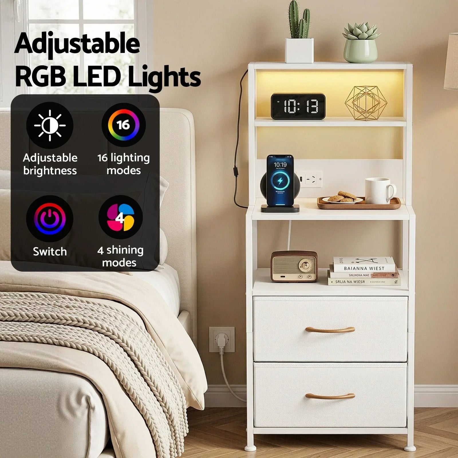 Artiss LED Bedside Table with Charging Station – 2 Drawers, RGB Light, White