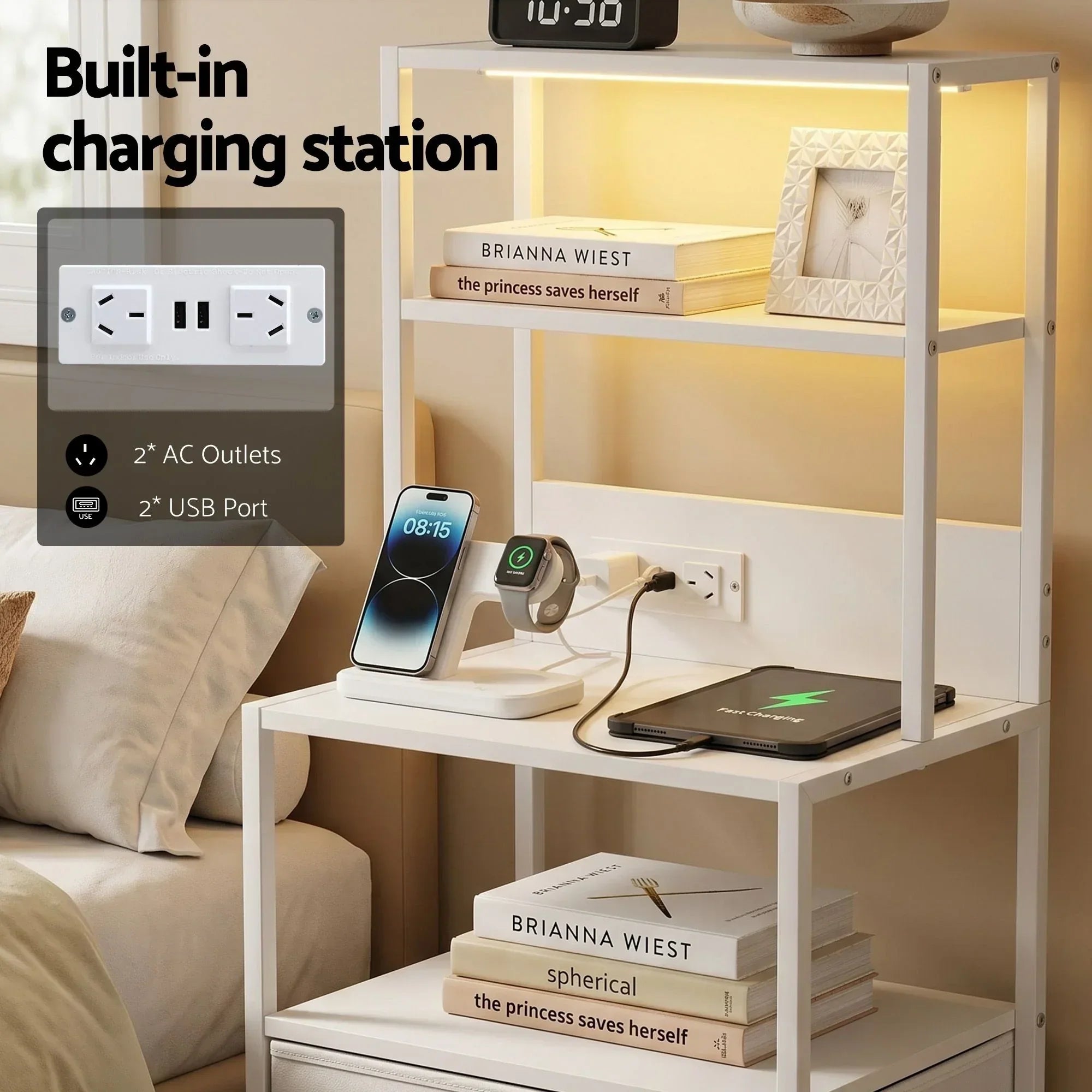 LED Bedside Table with Charging Station – 2 Drawers, RGB Light, White