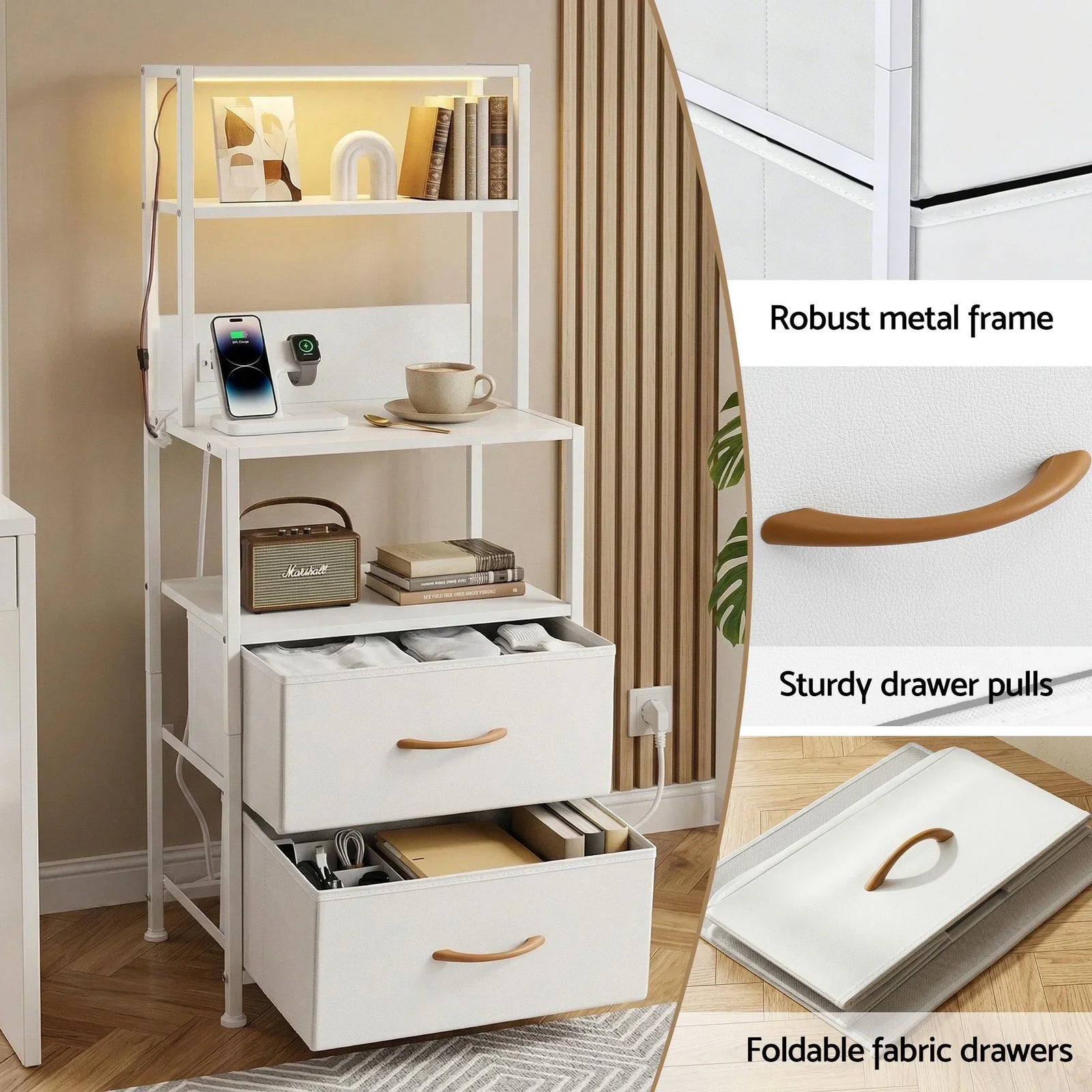Artiss LED Bedside Table with Charging Station – 2 Drawers, RGB Light, White