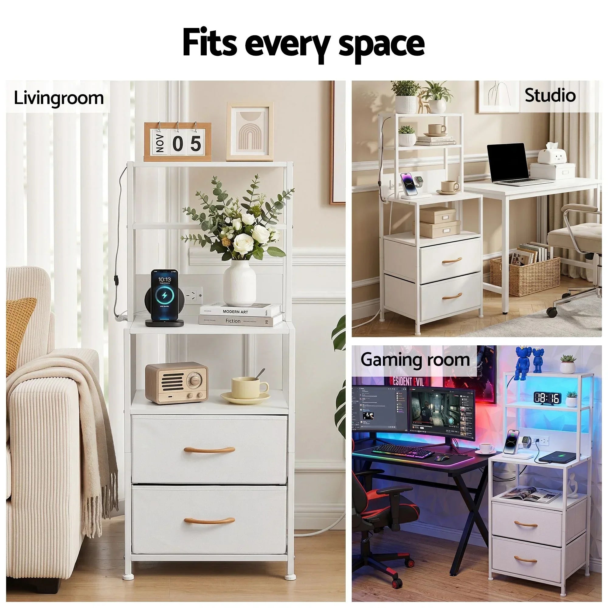 LED Bedside Table with Charging Station – 2 Drawers, RGB Light, White