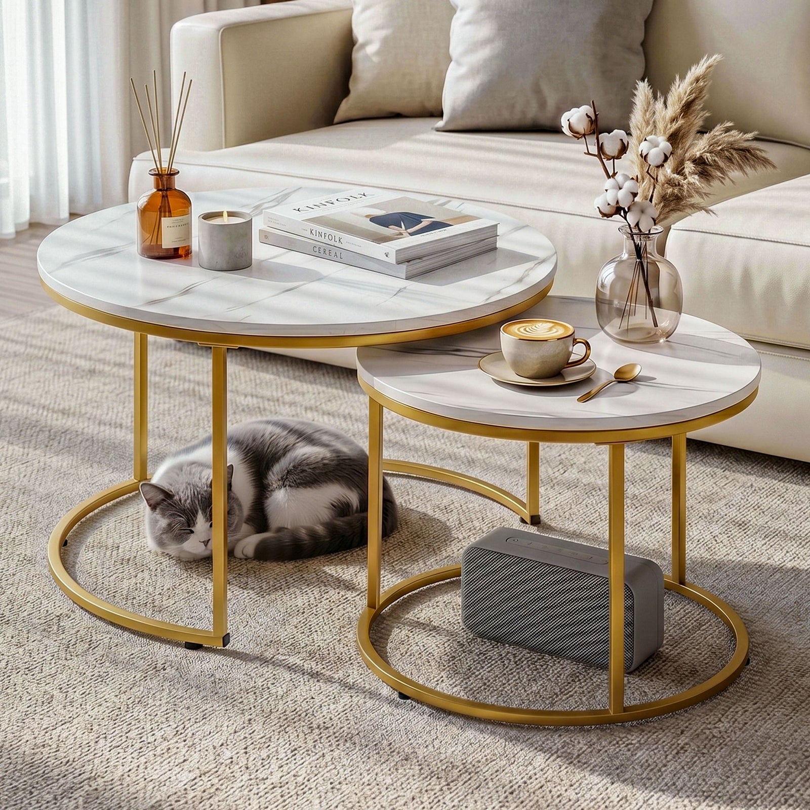 Nesting Coffee Table Set – 2‑Piece Round Marble Effect, White & Gold