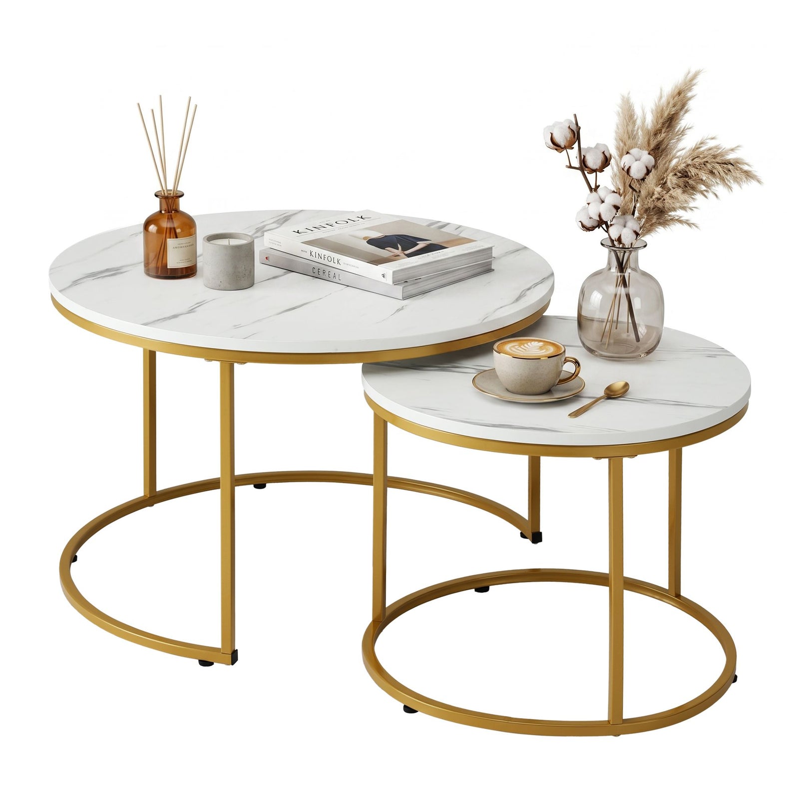 Nesting Coffee Table Set – 2‑Piece Round Marble Effect, White & Gold
