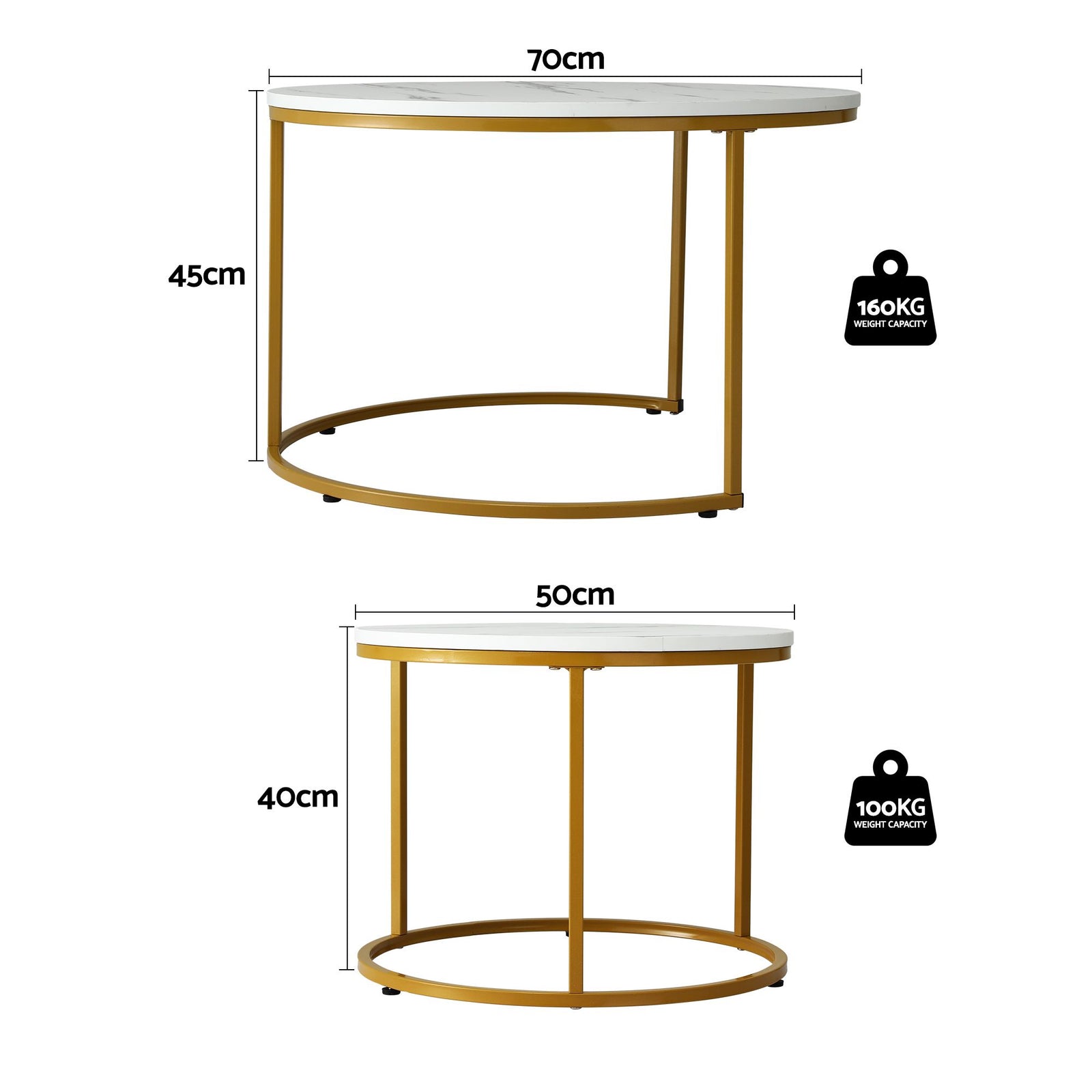 Nesting Coffee Table Set – 2‑Piece Round Marble Effect, White & Gold