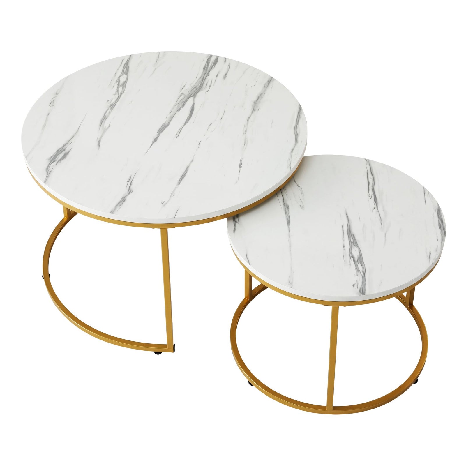 Nesting Coffee Table Set – 2‑Piece Round Marble Effect, White & Gold