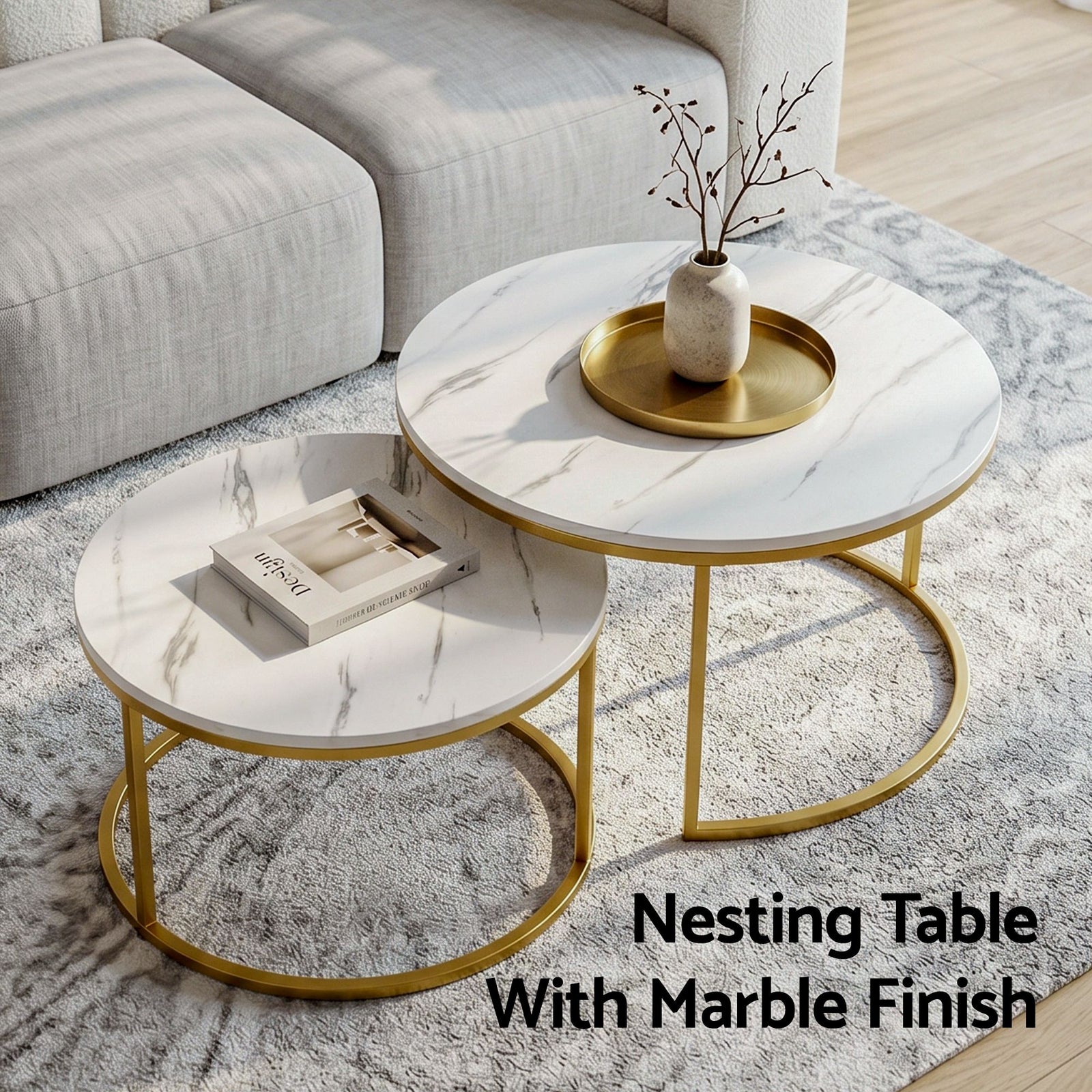 Nesting Coffee Table Set – 2‑Piece Round Marble Effect, White & Gold