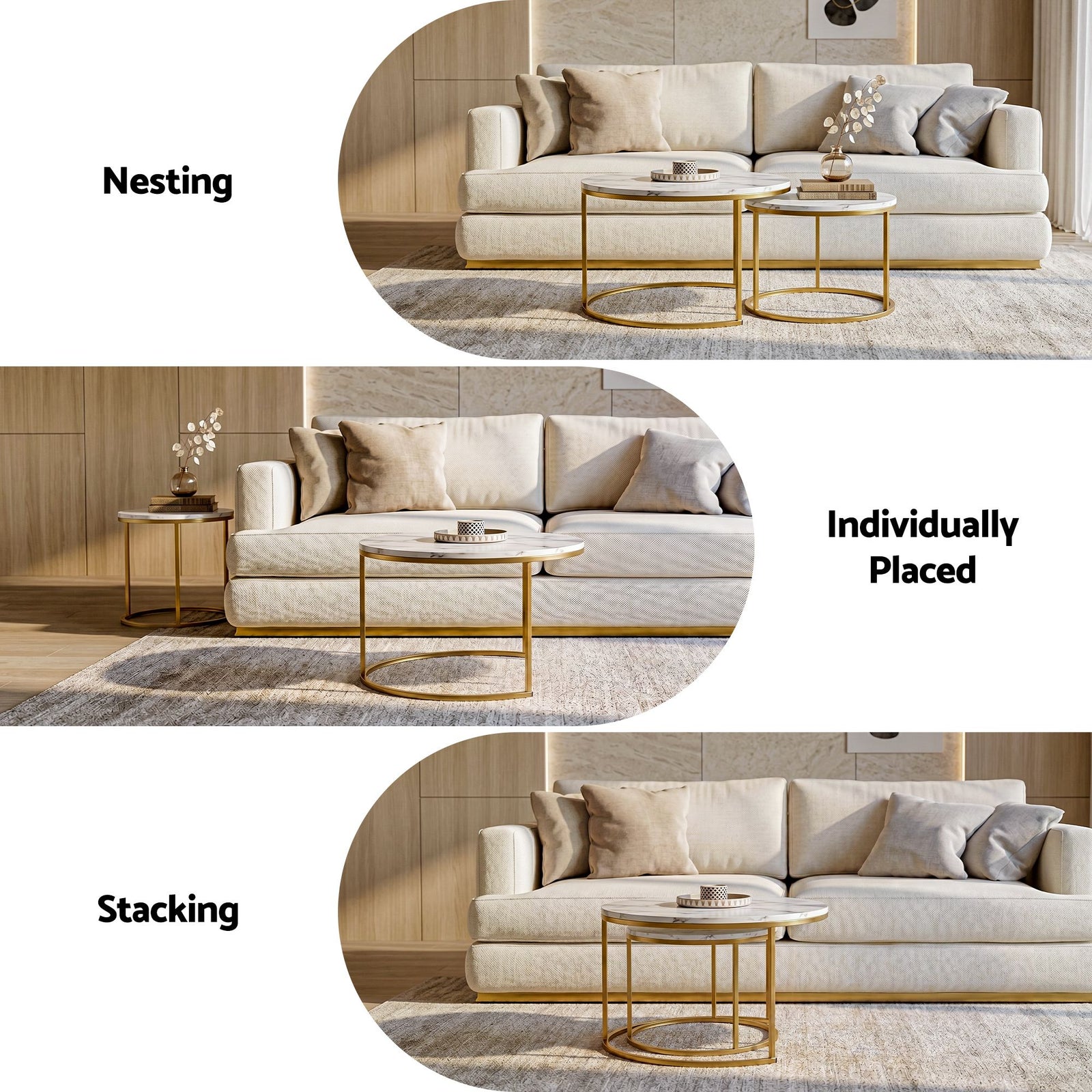 Nesting Coffee Table Set – 2‑Piece Round Marble Effect, White & Gold