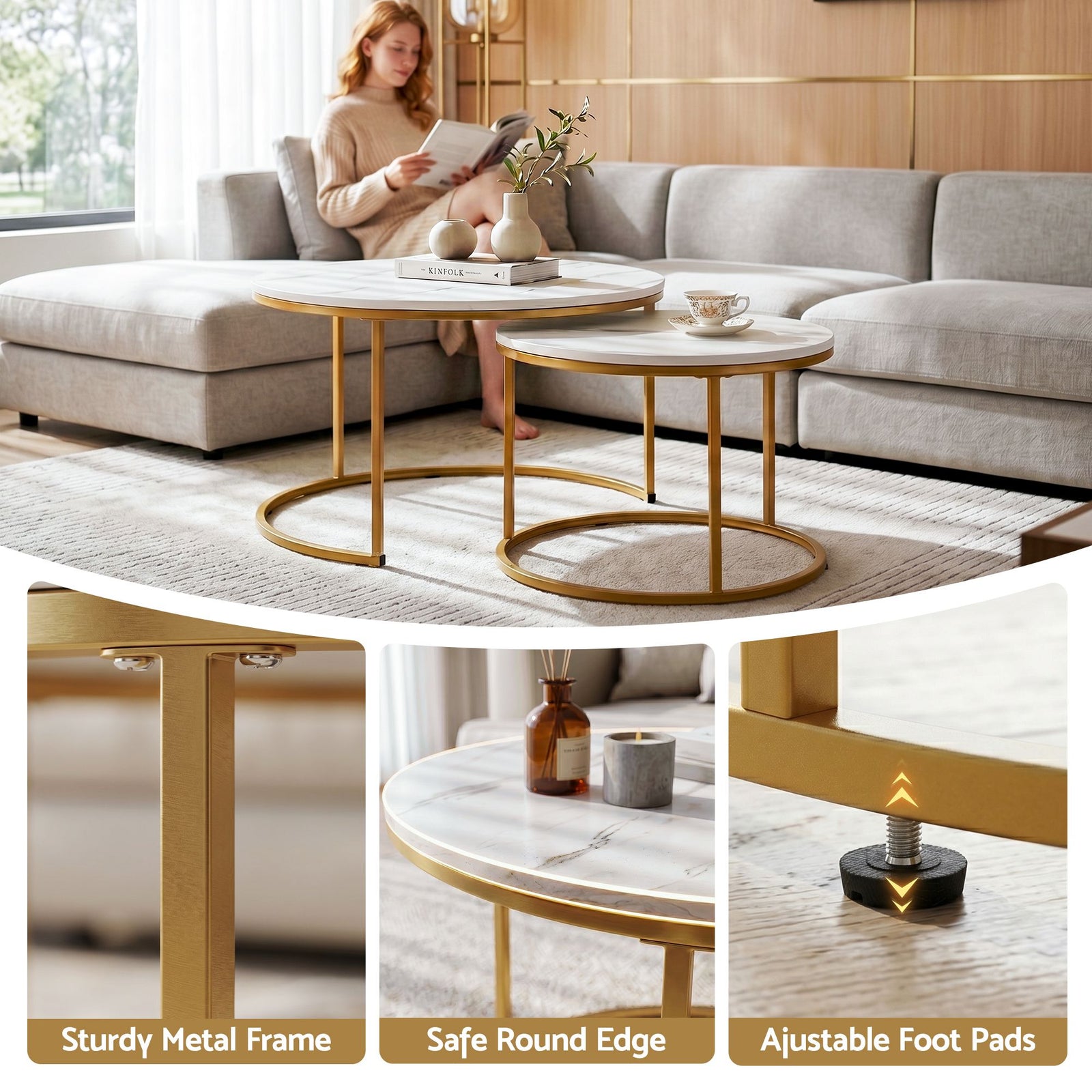 Nesting Coffee Table Set – 2‑Piece Round Marble Effect, White & Gold