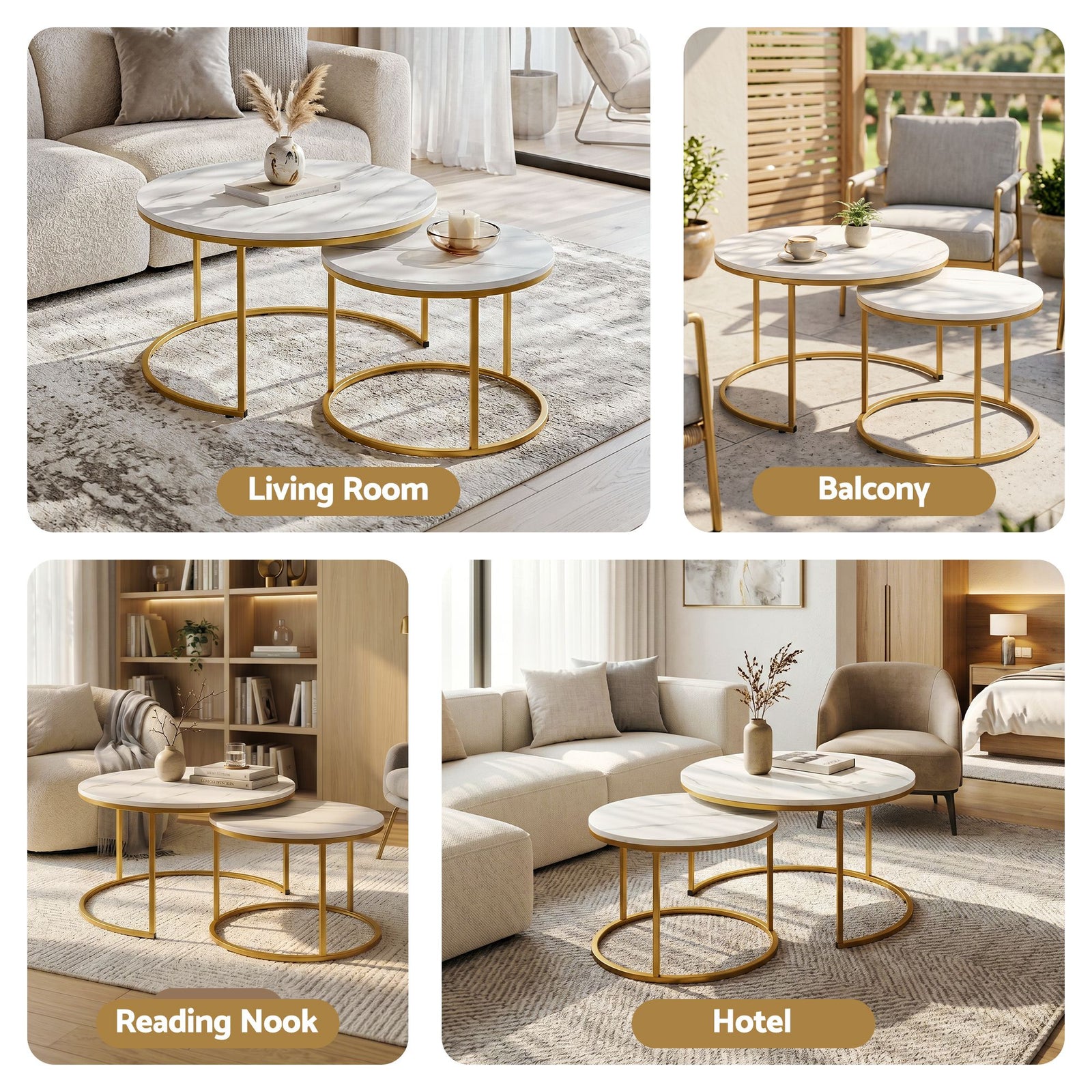 Nesting Coffee Table Set – 2‑Piece Round Marble Effect, White & Gold