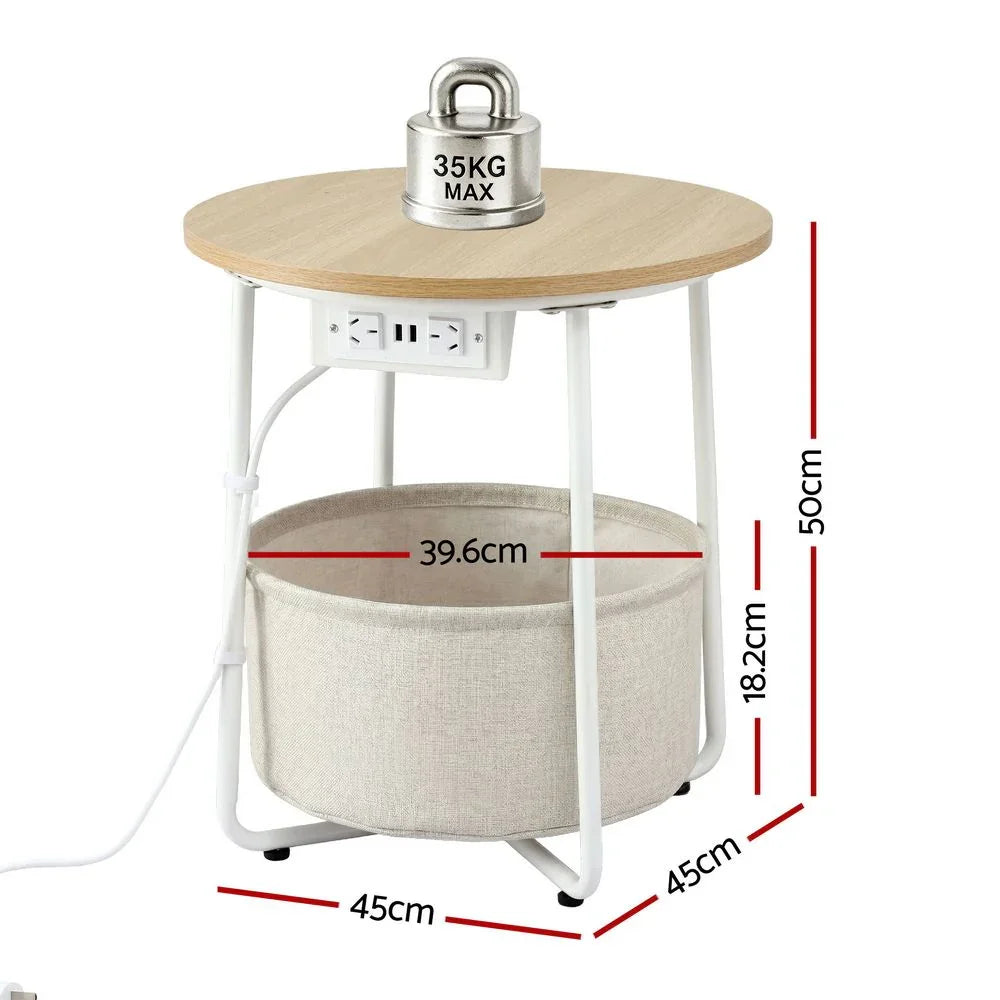 Round Coffee Table Side End Table Charging Station Storage Basket