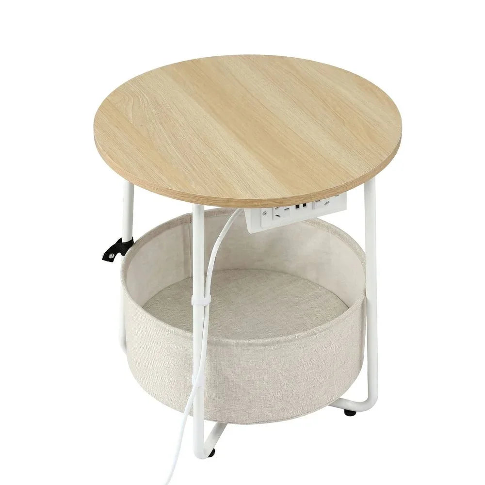 Round Coffee Table Side End Table Charging Station Storage Basket