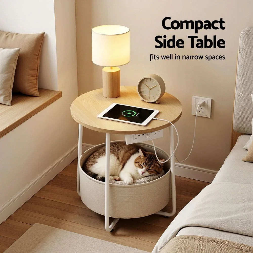 Round Coffee Table Side End Table Charging Station Storage Basket