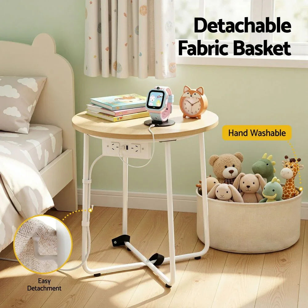 Round Coffee Table Side End Table Charging Station Storage Basket
