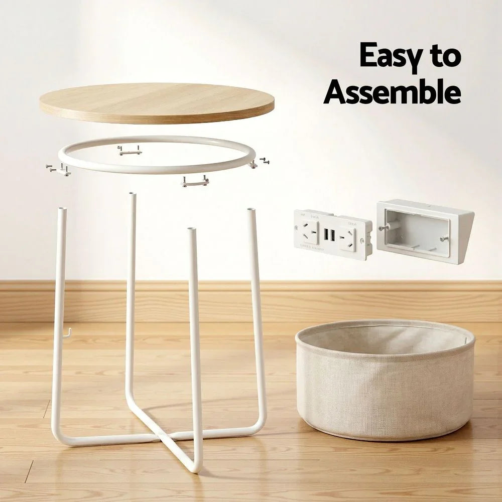 Round Coffee Table Side End Table Charging Station Storage Basket