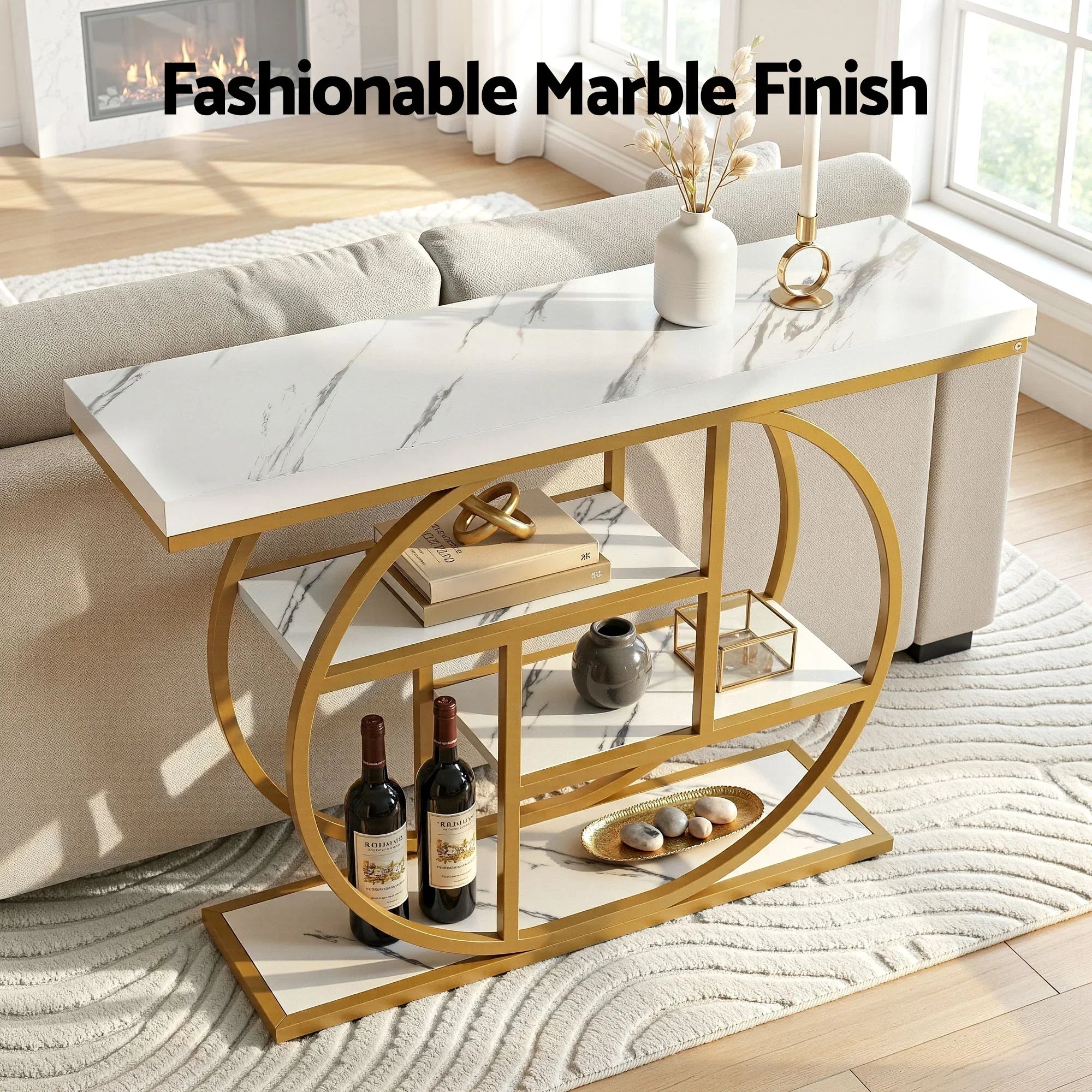Console Table Marble Effect 4-Tier Shelves 105CM White&Gold