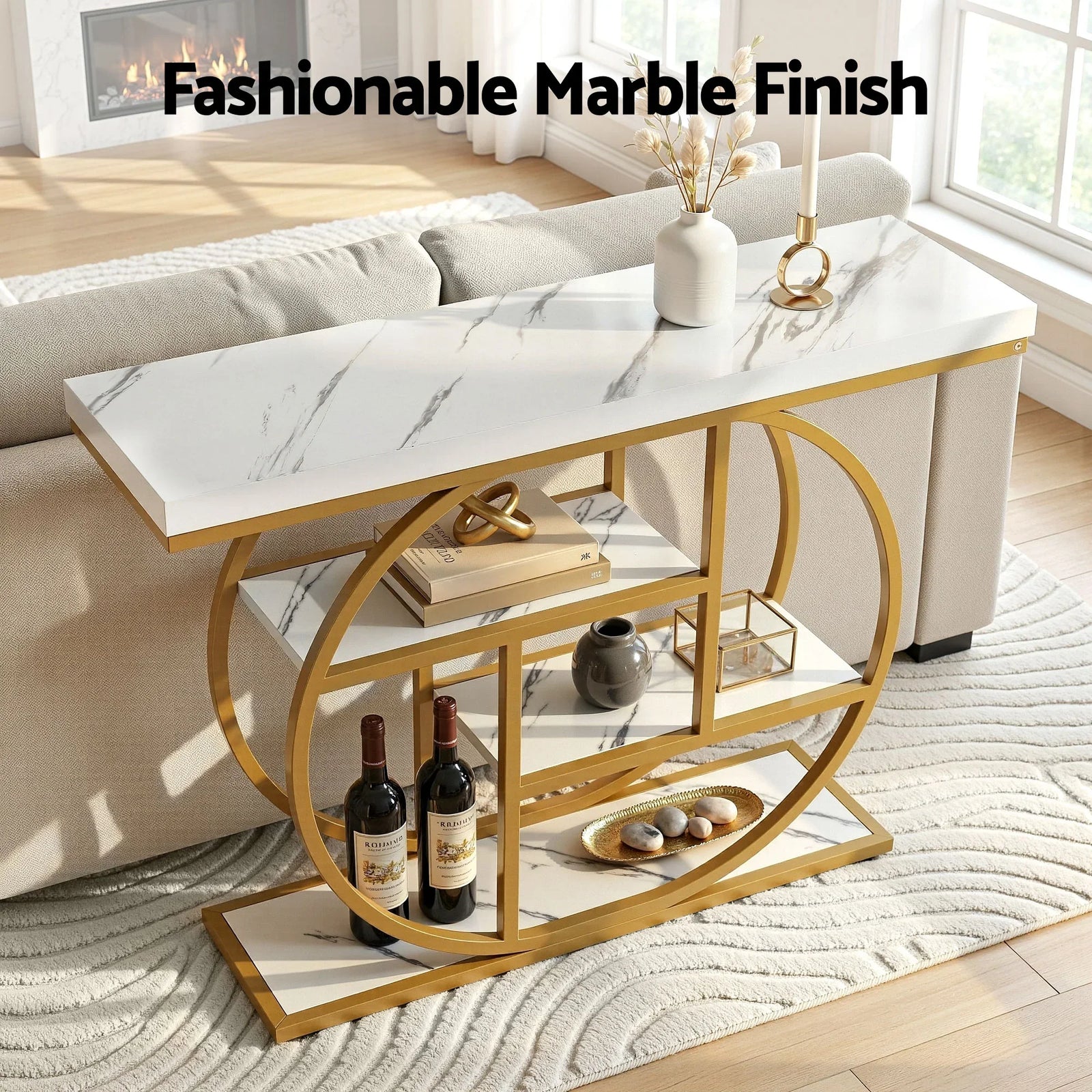 Console Table Marble Effect 4-Tier Shelves 105CM White&Gold
