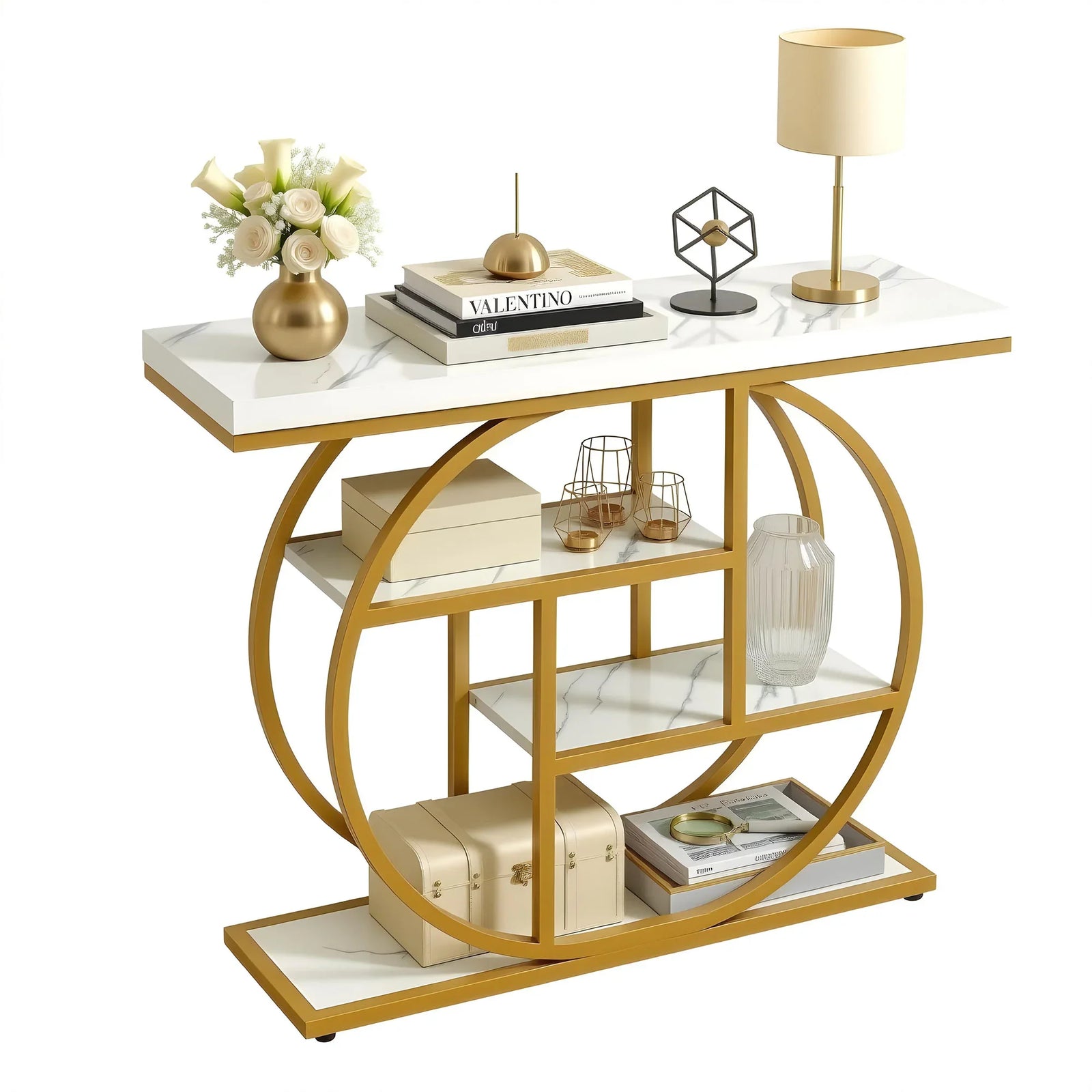 Console Table Marble Effect 4-Tier Shelves 105CM White&Gold