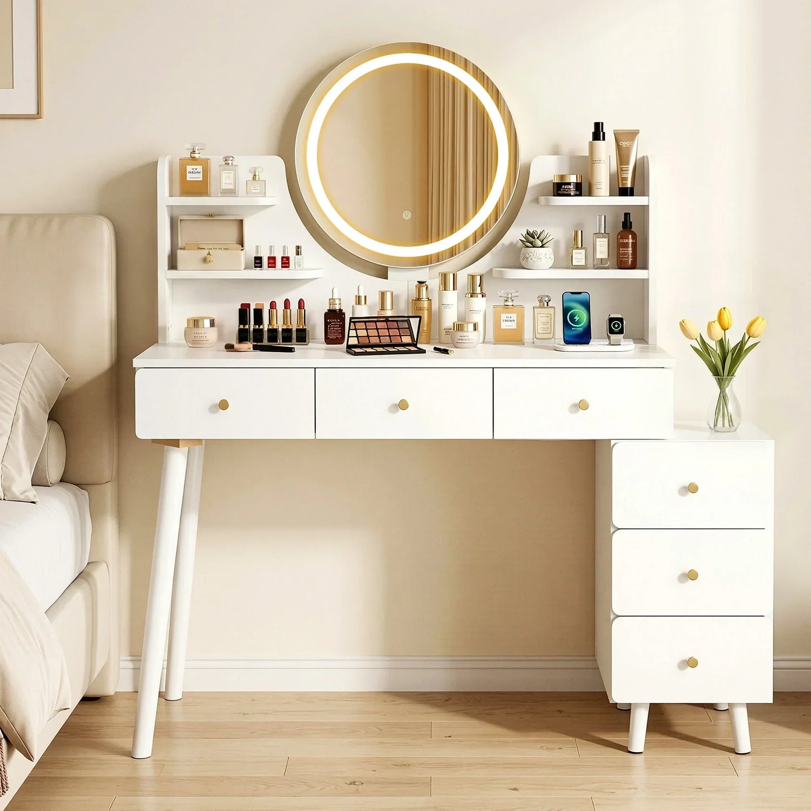 Artiss Adjustable Vanity Desk – LED Mirror, Power Station, 6 Drawers, White
