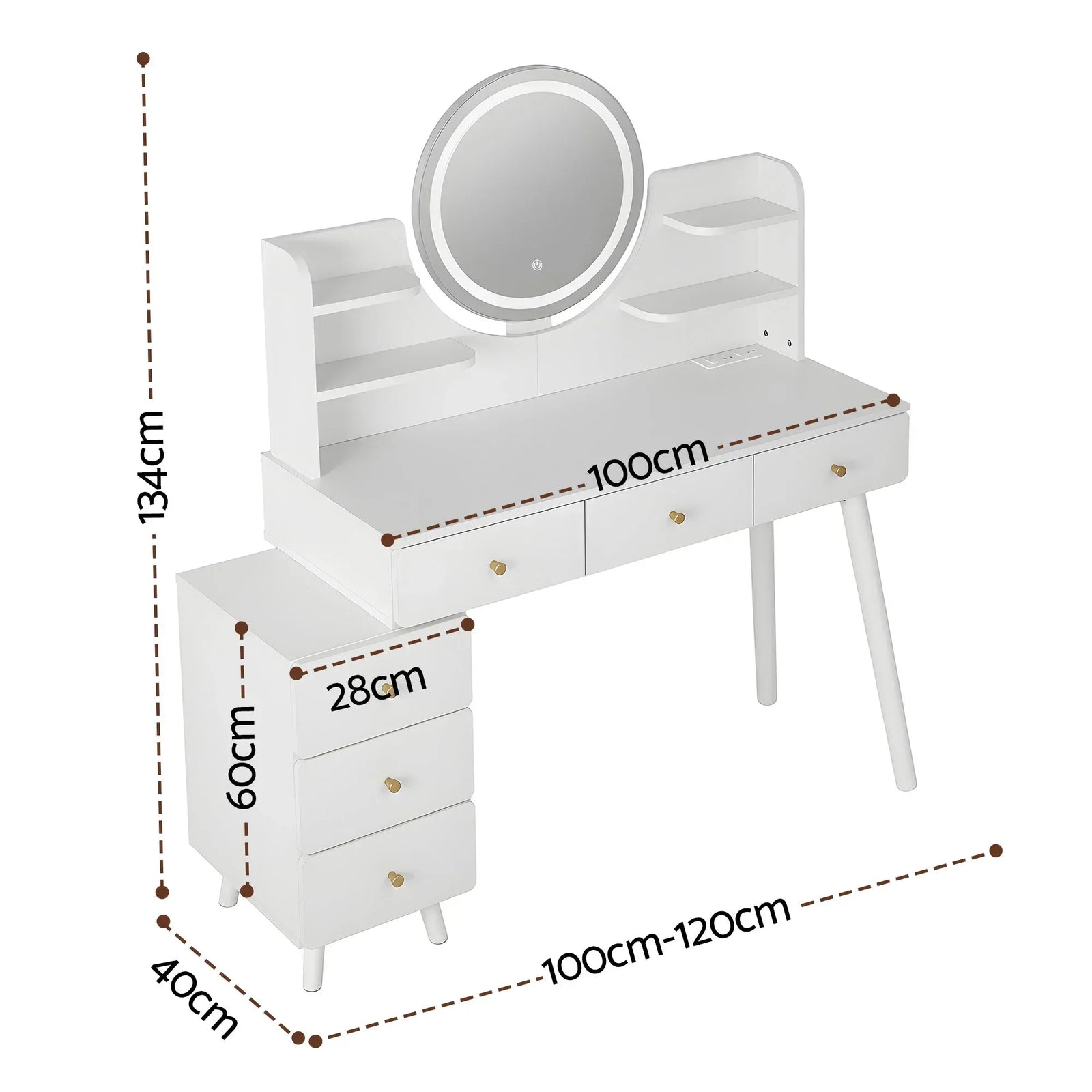 Artiss Adjustable Vanity Desk – LED Mirror, Power Station, 6 Drawers, White