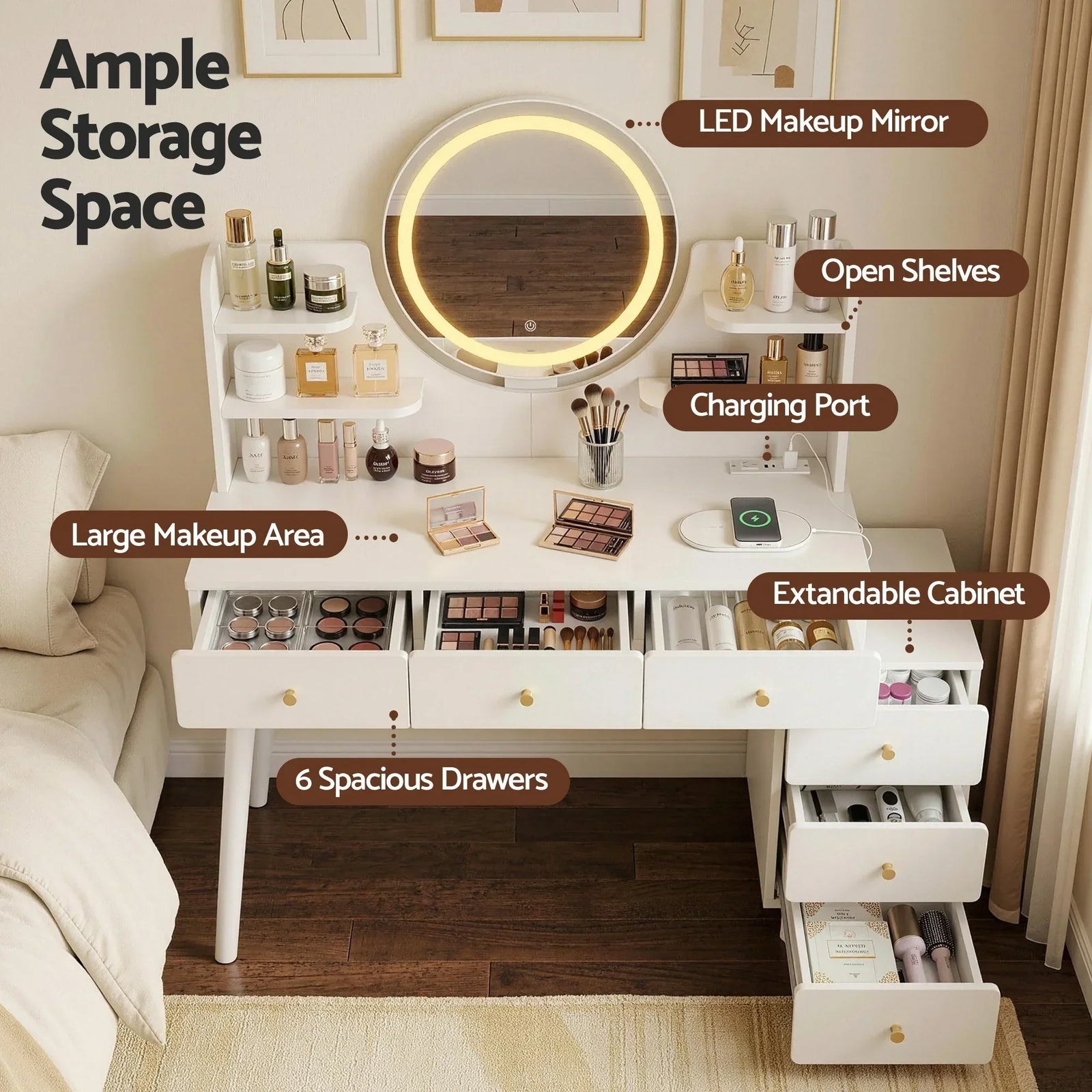 Artiss Adjustable Vanity Desk – LED Mirror, Power Station, 6 Drawers, White
