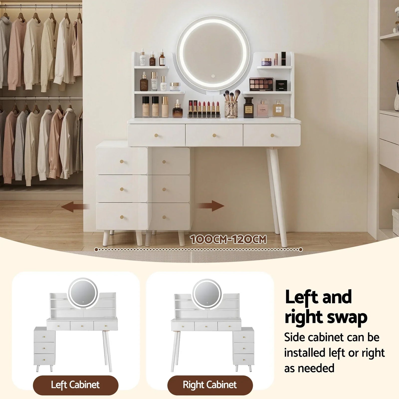 Artiss Adjustable Vanity Desk – LED Mirror, Power Station, 6 Drawers, White