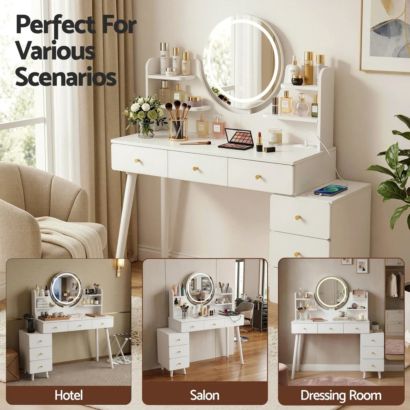 Artiss Adjustable Vanity Desk – LED Mirror, Power Station, 6 Drawers, White
