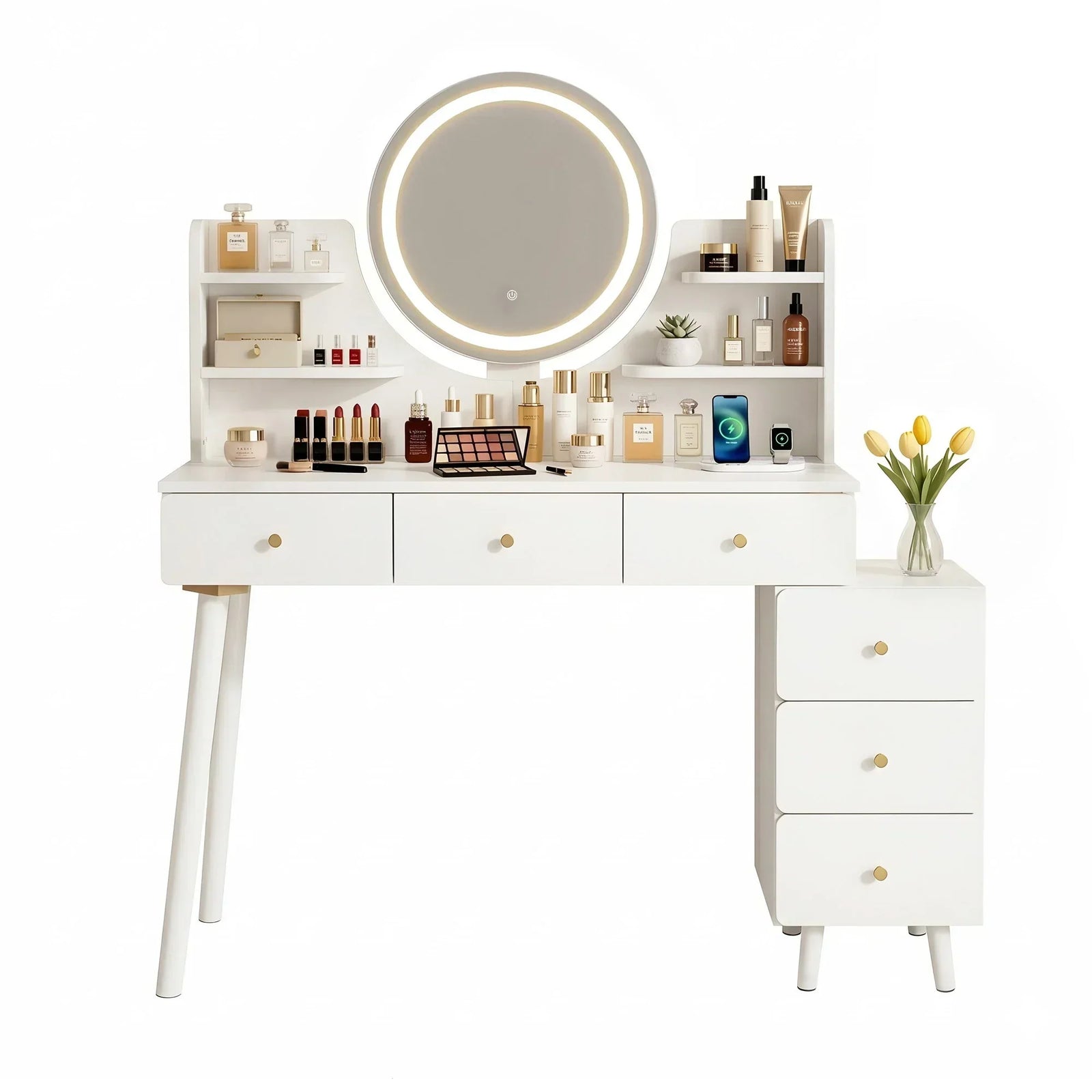 Artiss Adjustable Vanity Desk – LED Mirror, Power Station, 6 Drawers, White