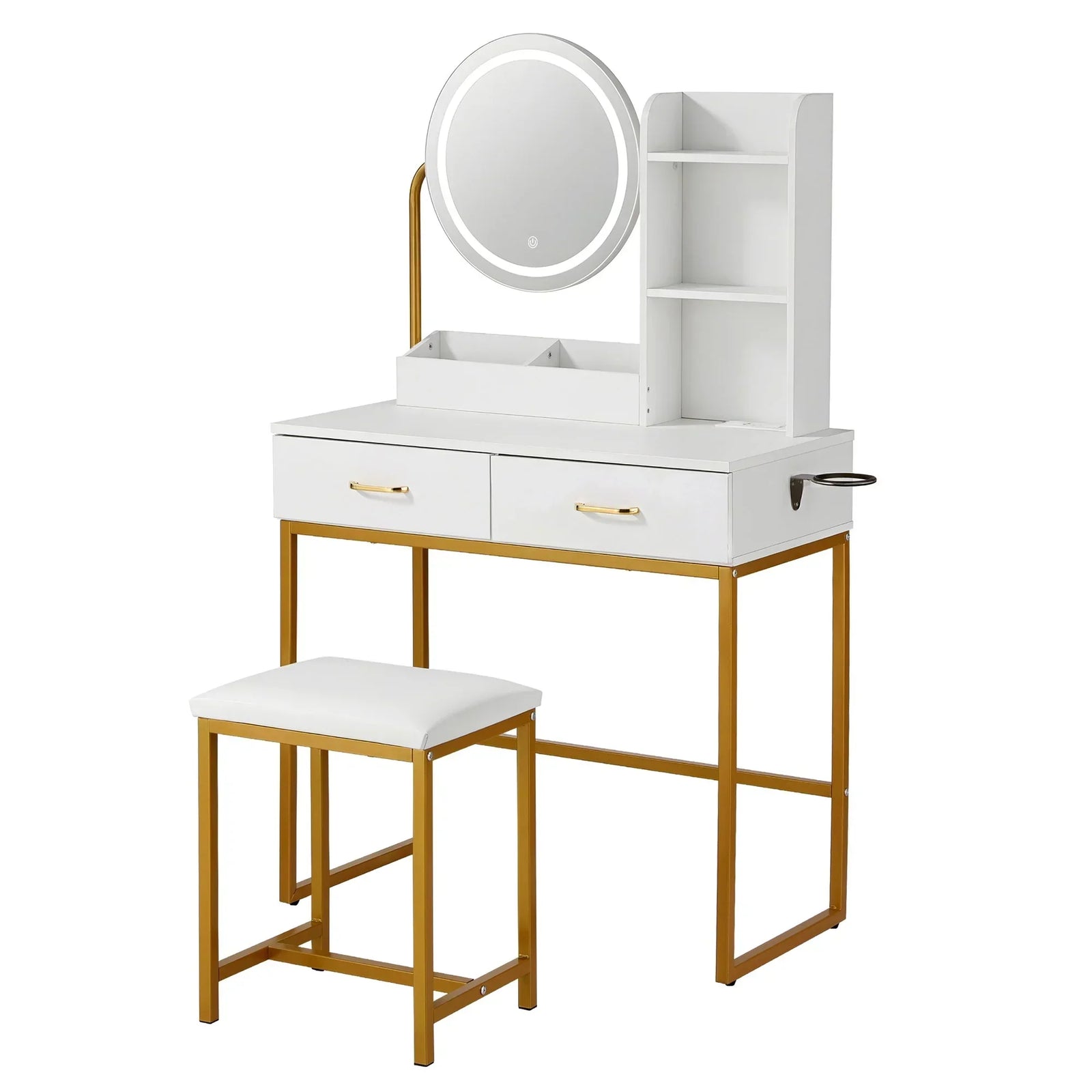 Artiss Dressing Table with LED Mirror – Charging Station, Drawers, Stool, White/Gold